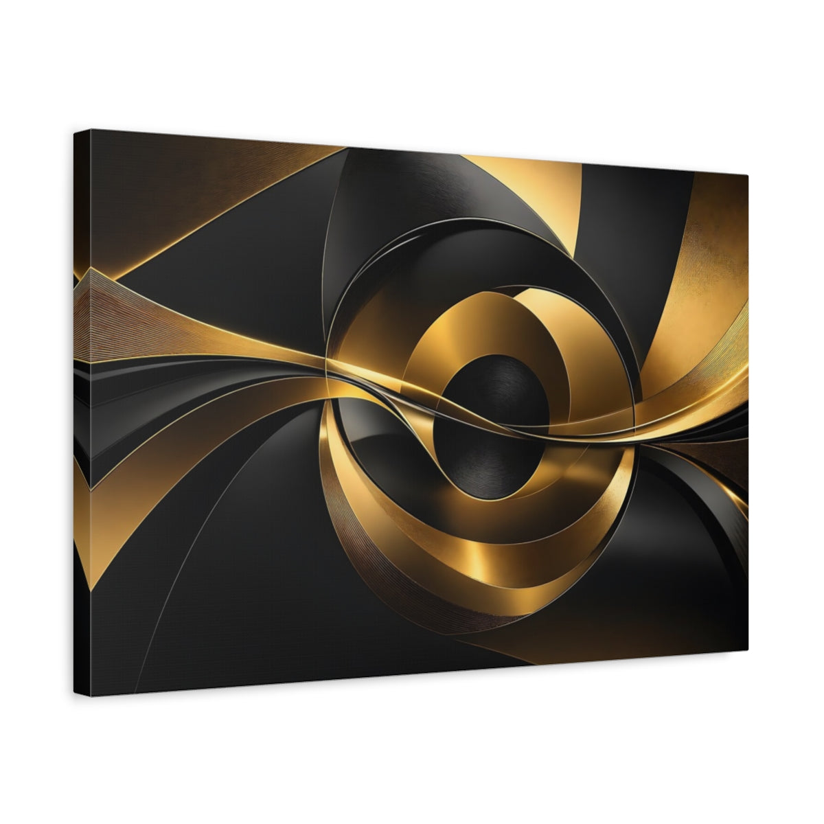 Side Mockup 3. Abstract Abstract Swirls Black And Gold shown as stretched canvas wall art