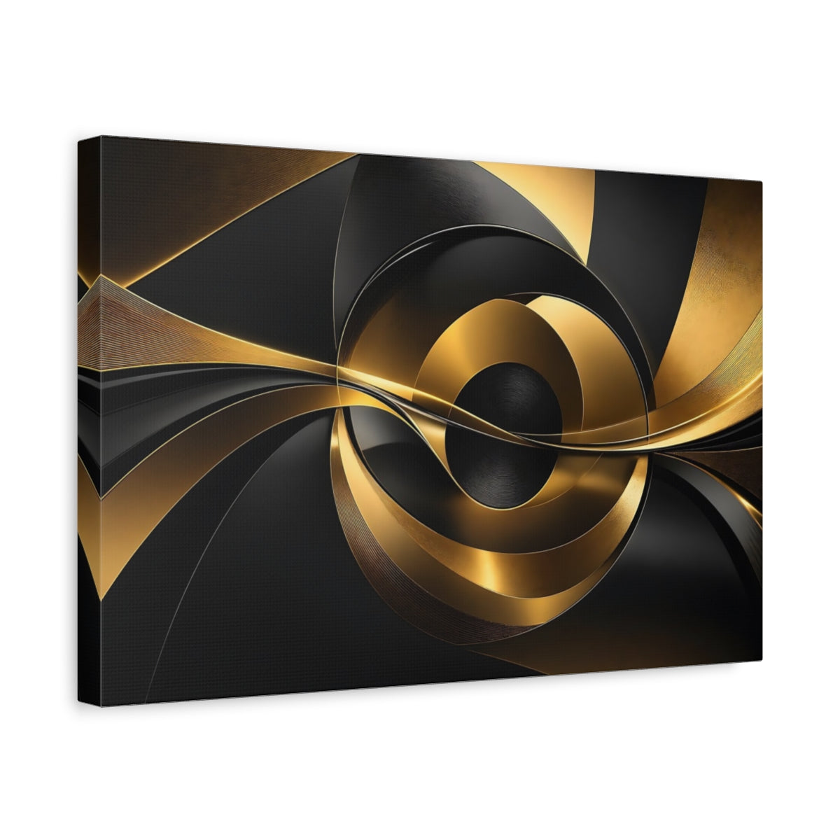 Side Mockup 4. Abstract Abstract Swirls Black And Gold shown as stretched canvas wall art