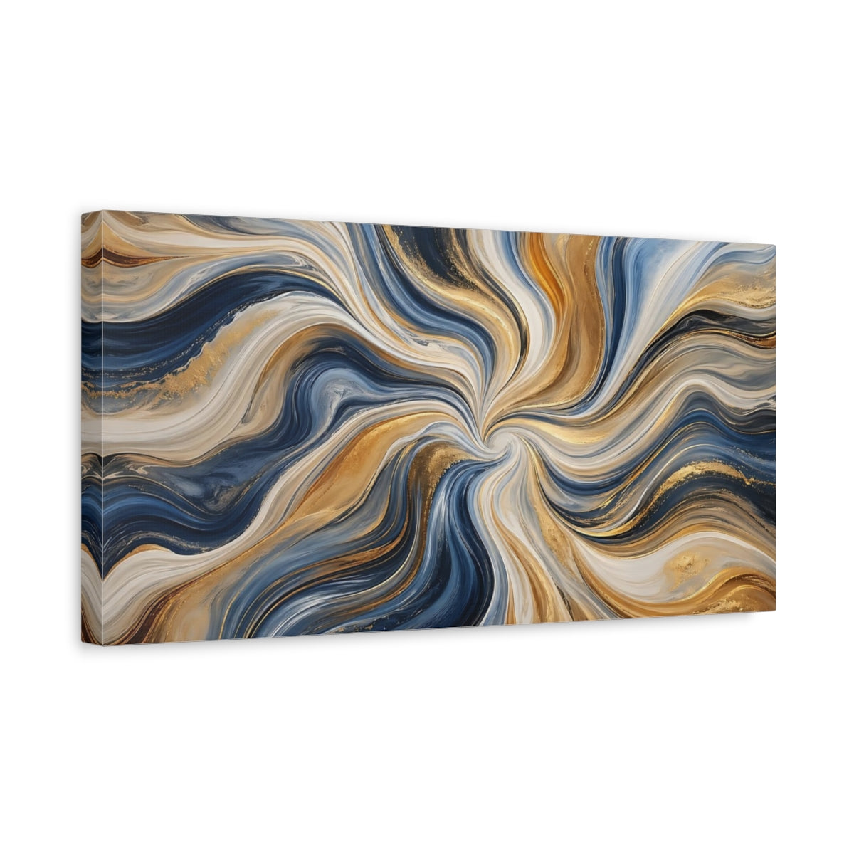 Side Mockup 3. Abstract Abstract Swirls Blue And Gold shown as stretched canvas wall art