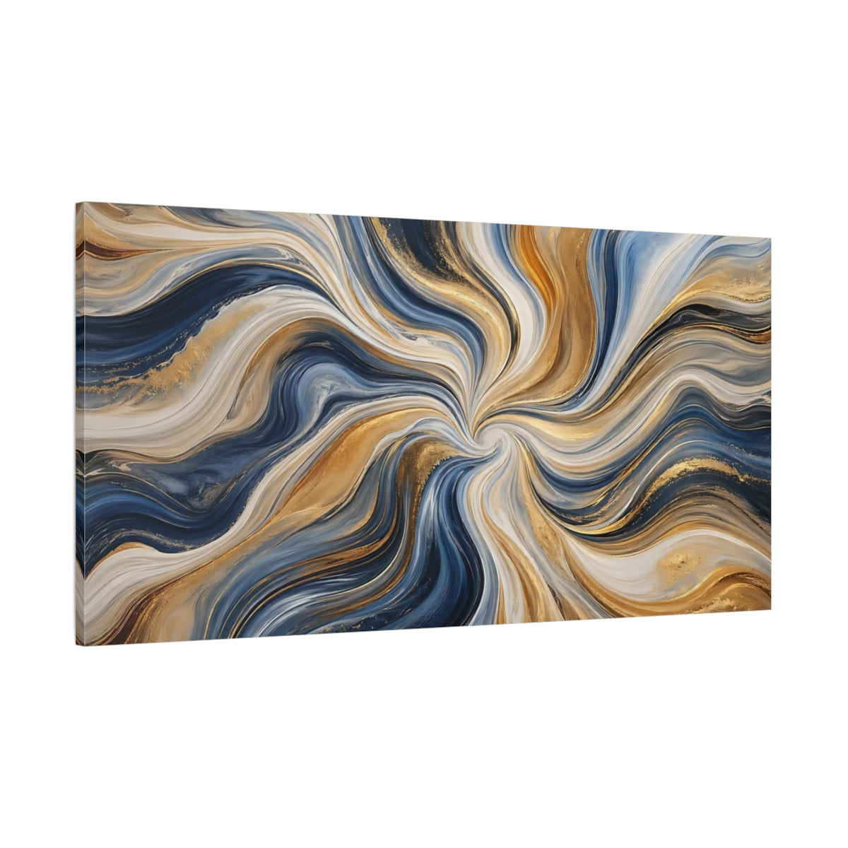 Side Mockup 2. Abstract Abstract Swirls Blue And Gold shown as stretched canvas wall art