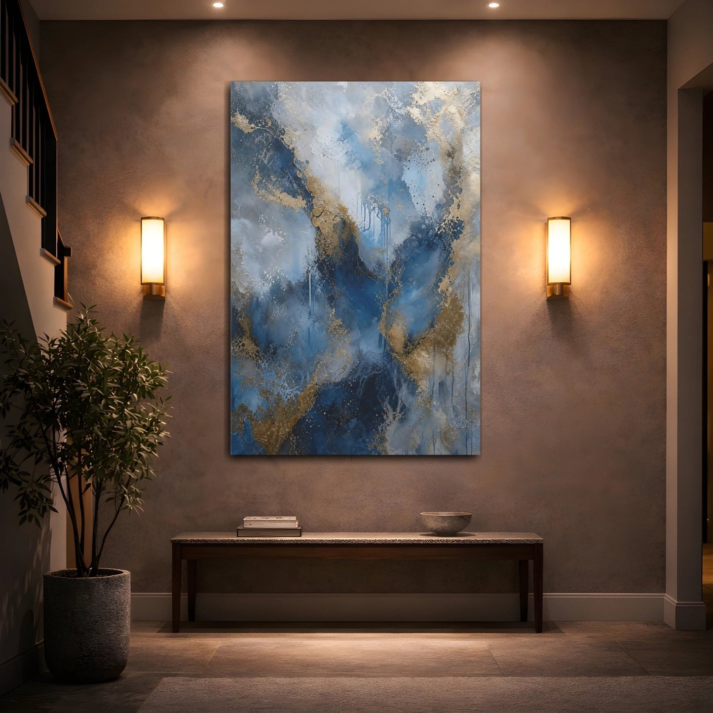 Abstract Swirls Blue And Gold Canvas Wall Art Print – Living Room, Above Sofa - YesArtYes