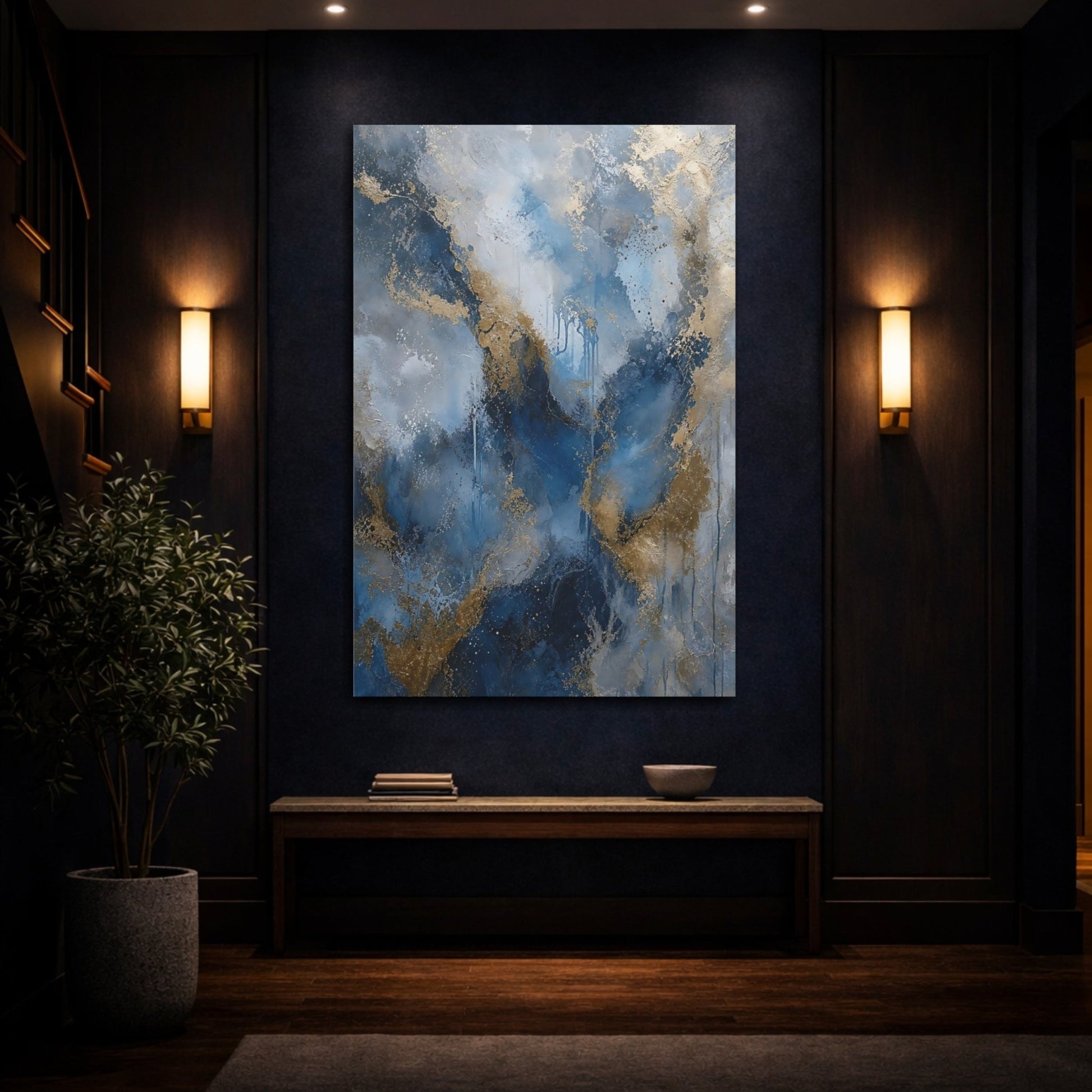 Abstract Swirls Blue And Gold Canvas Wall Art Print – Living Room, Above Sofa - YesArtYes