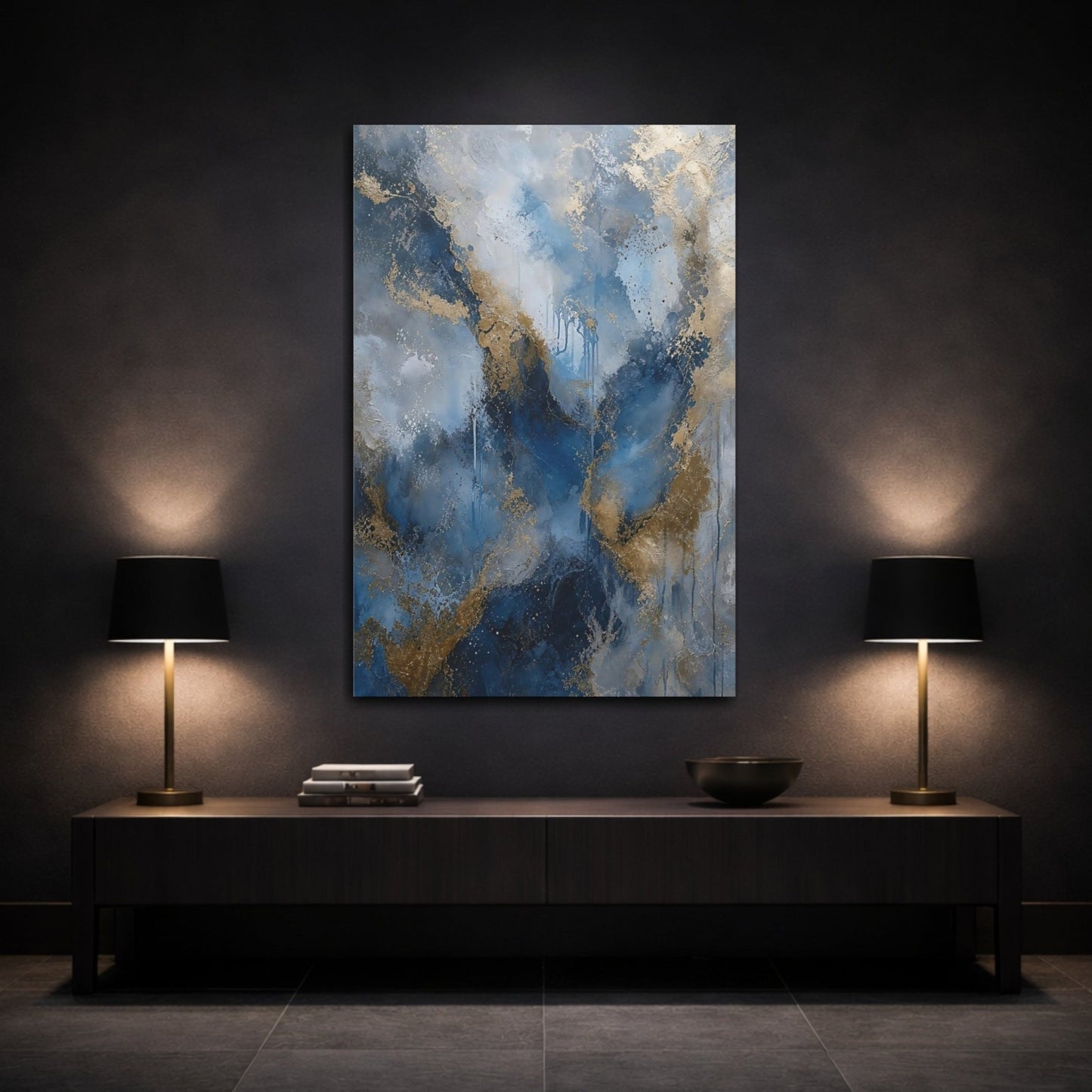 Abstract Swirls Blue And Gold Canvas Wall Art Print – Living Room, Above Sofa - YesArtYes
