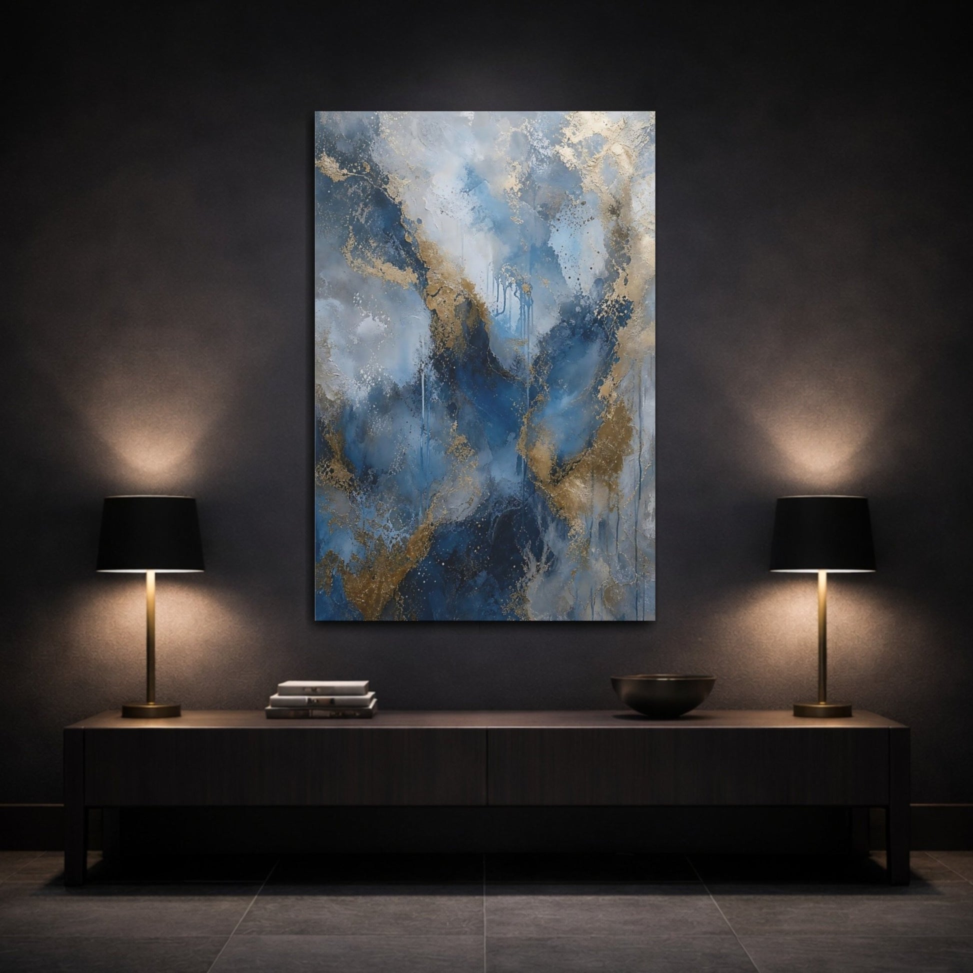 Abstract Swirls Blue And Gold Canvas Wall Art Print – Living Room, Above Sofa - YesArtYes