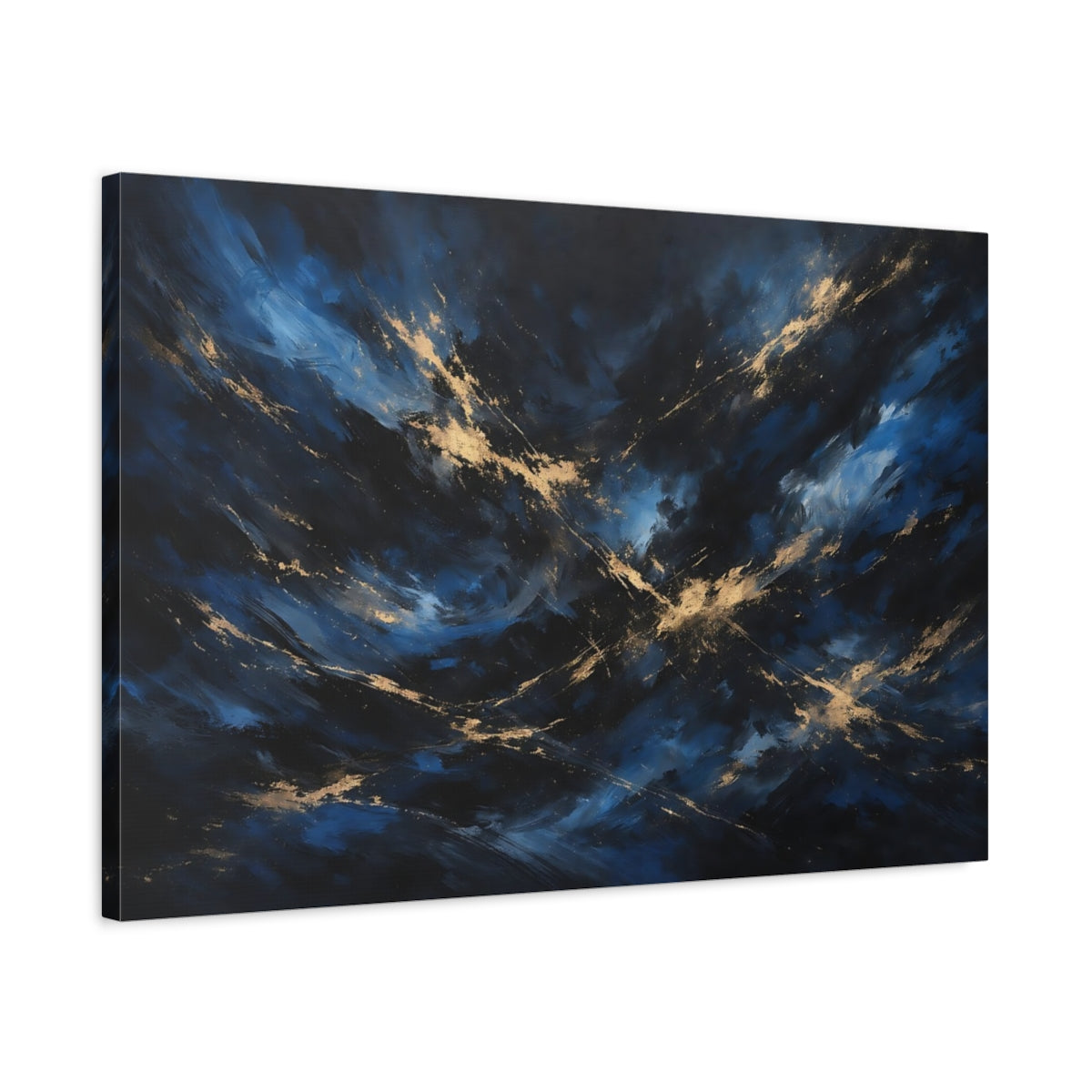 Side Mockup 2. Abstract Abstract Swirls Blue And Gold shown as stretched canvas wall art