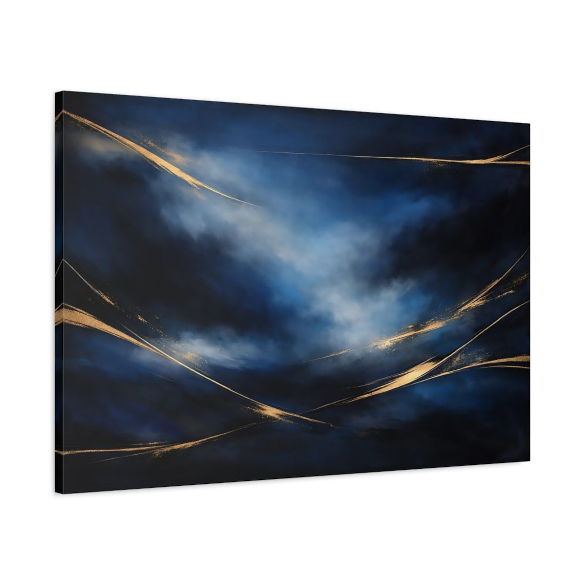 Side Mockup 1. Abstract Abstract Swirls Blue And Gold Abstract shown as stretched canvas wall art