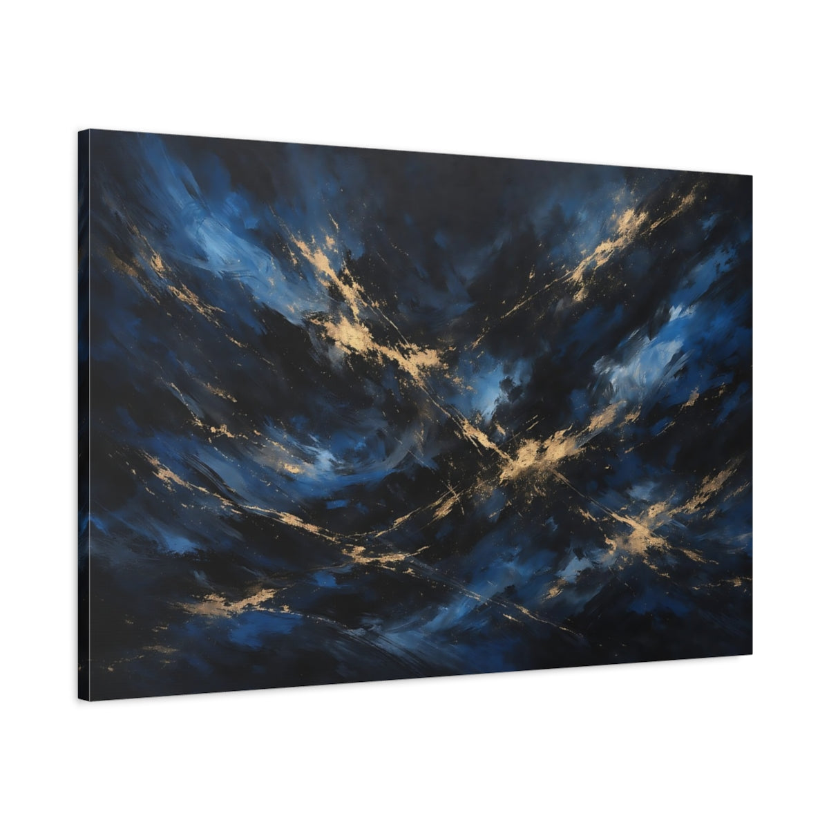 Side Mockup 1. Abstract Abstract Swirls Blue And Gold shown as stretched canvas wall art