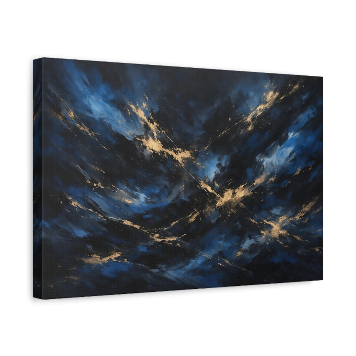 Side Mockup 4. Abstract Abstract Swirls Blue And Gold shown as stretched canvas wall art