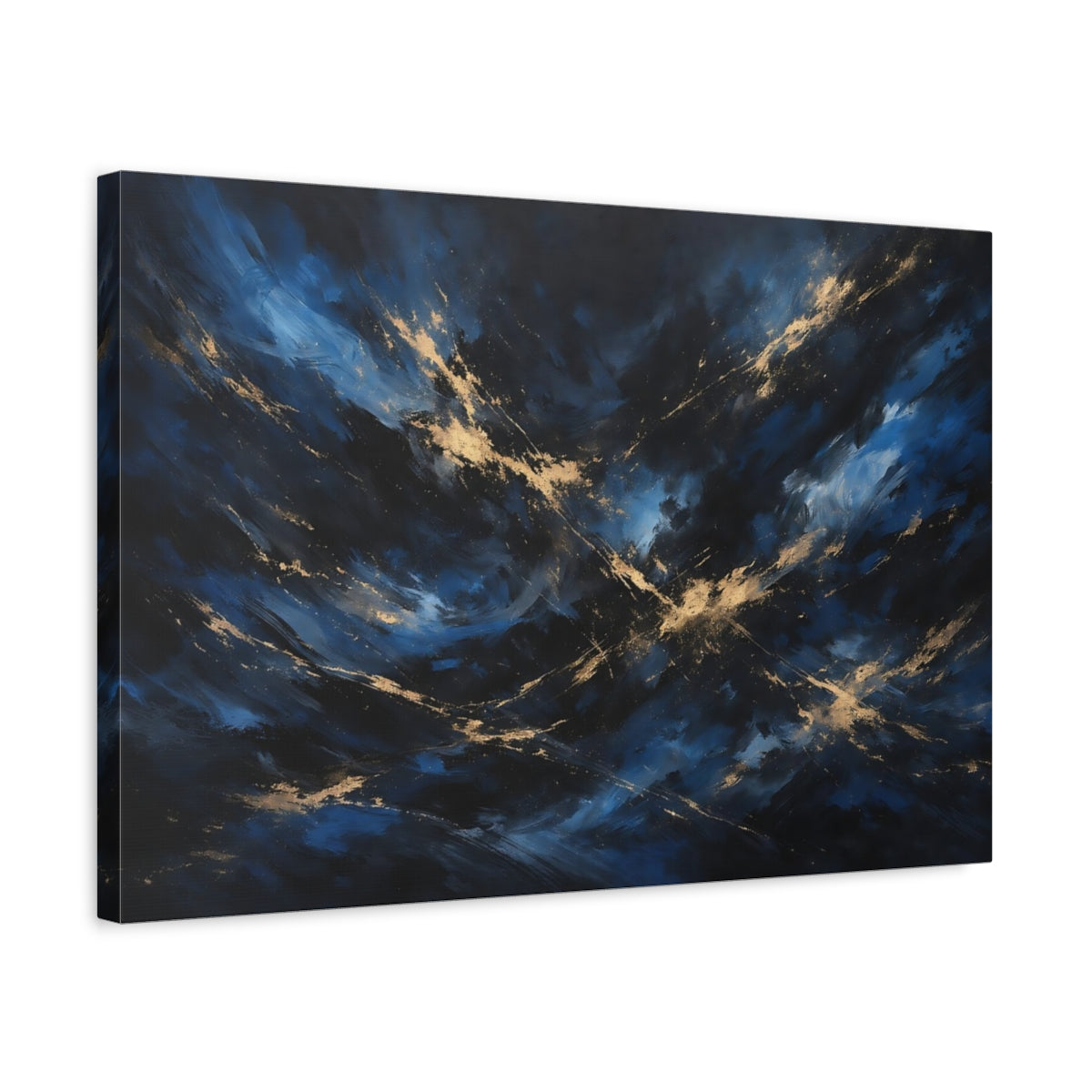 Side Mockup 3. Abstract Abstract Swirls Blue And Gold shown as stretched canvas wall art