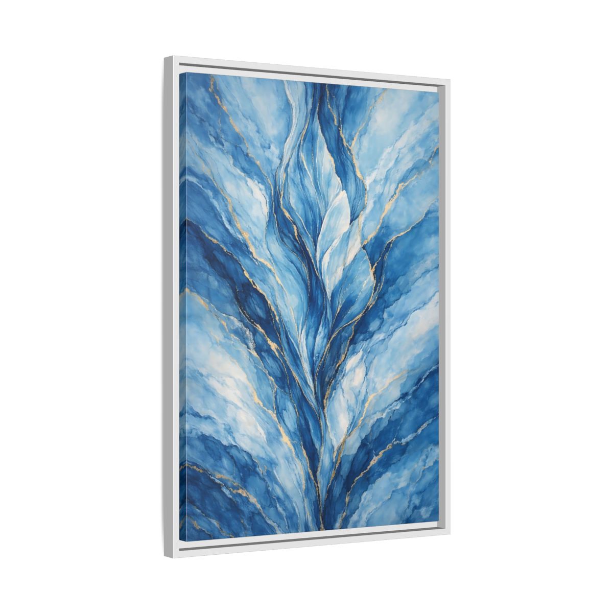 Side Mockup 11. Abstract Abstract Swirls Blue And Gold Abstract shown as stretched canvas wall art