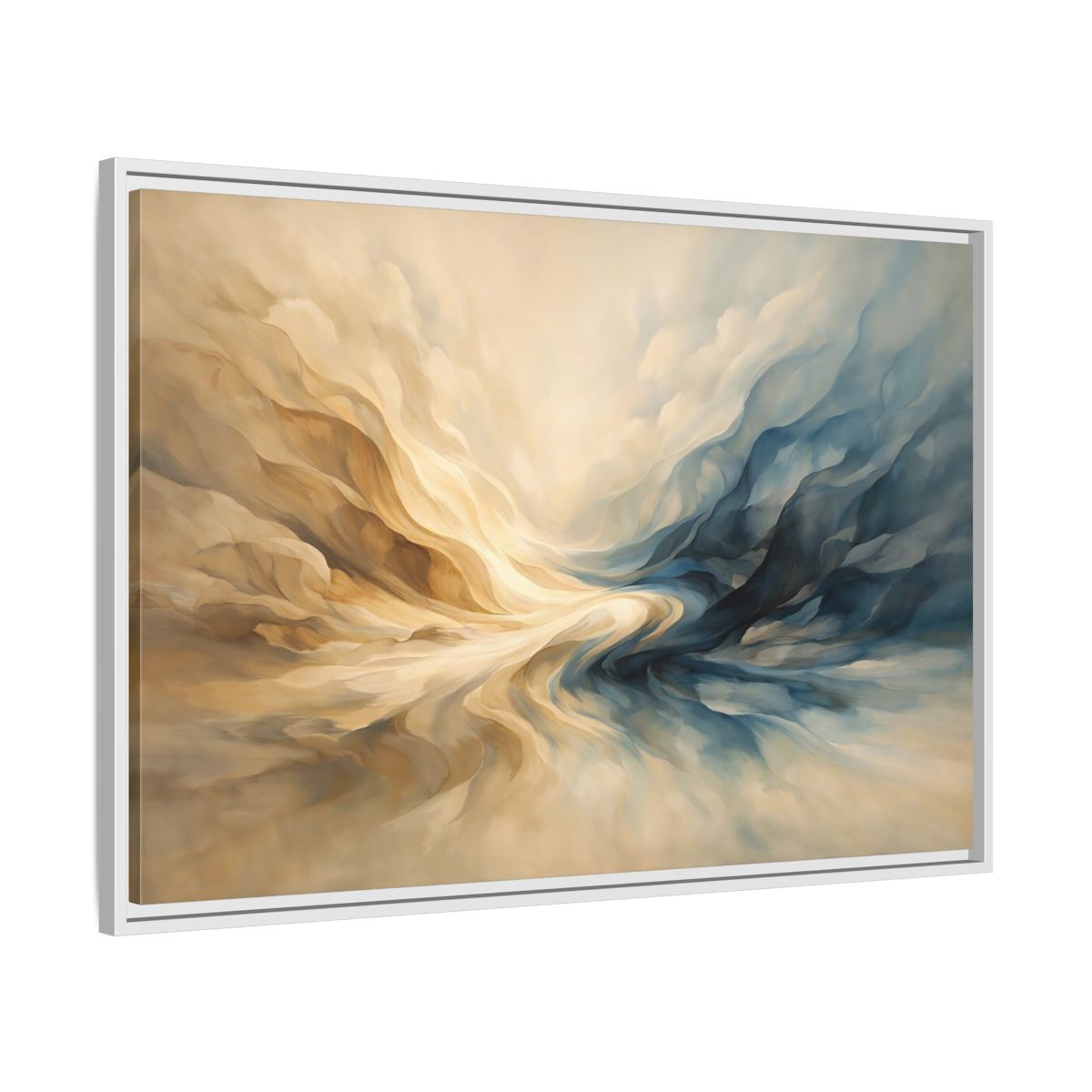 Side Mockup 8. Abstract Abstract Swirls Blue And Gold Abstract shown as stretched canvas wall art
