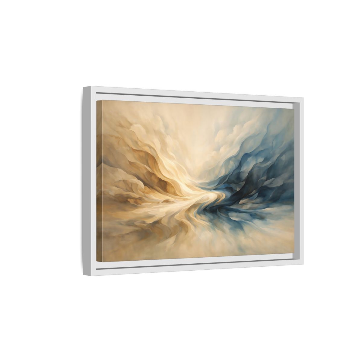 Side Mockup 4. Abstract Abstract Swirls Blue And Gold Abstract shown as stretched canvas wall art