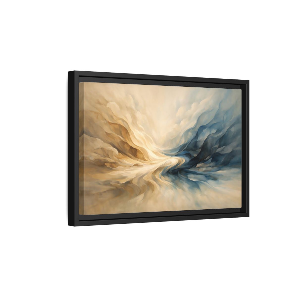 Side Mockup 6. Abstract Abstract Swirls Blue And Gold Abstract shown as stretched canvas wall art