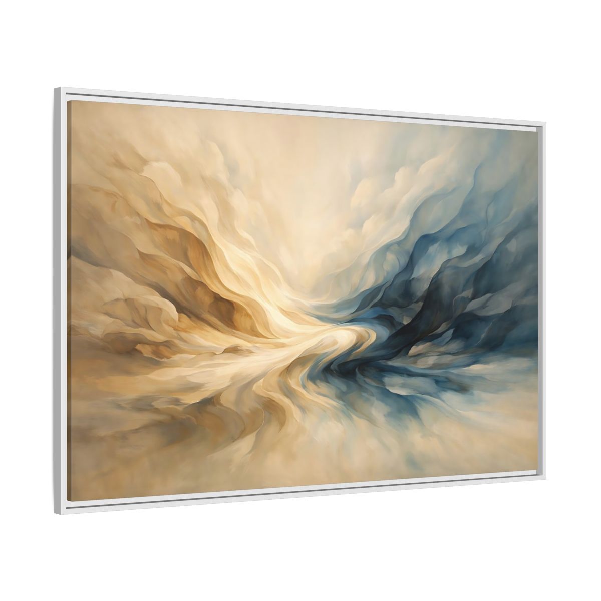 Side Mockup 7. Abstract Abstract Swirls Blue And Gold Abstract shown as stretched canvas wall art