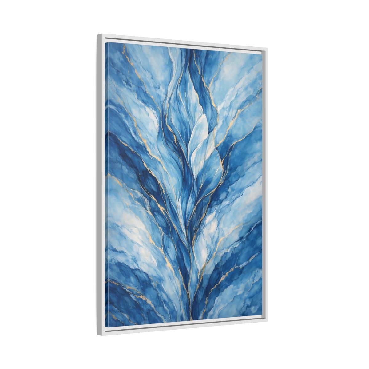 Side Mockup 9. Abstract Abstract Swirls Blue And Gold Abstract shown as stretched canvas wall art