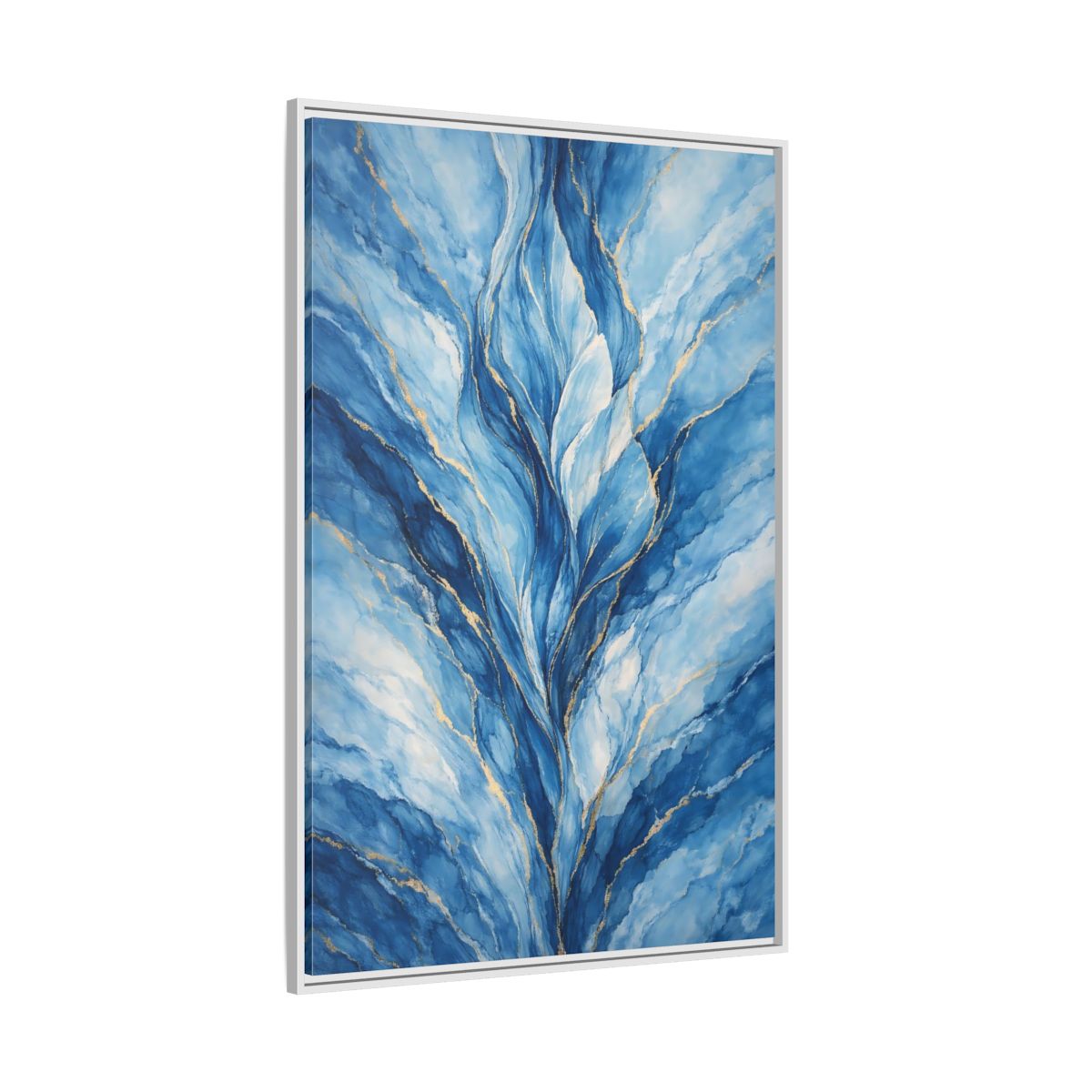 Side Mockup 7. Abstract Abstract Swirls Blue And Gold Abstract shown as stretched canvas wall art