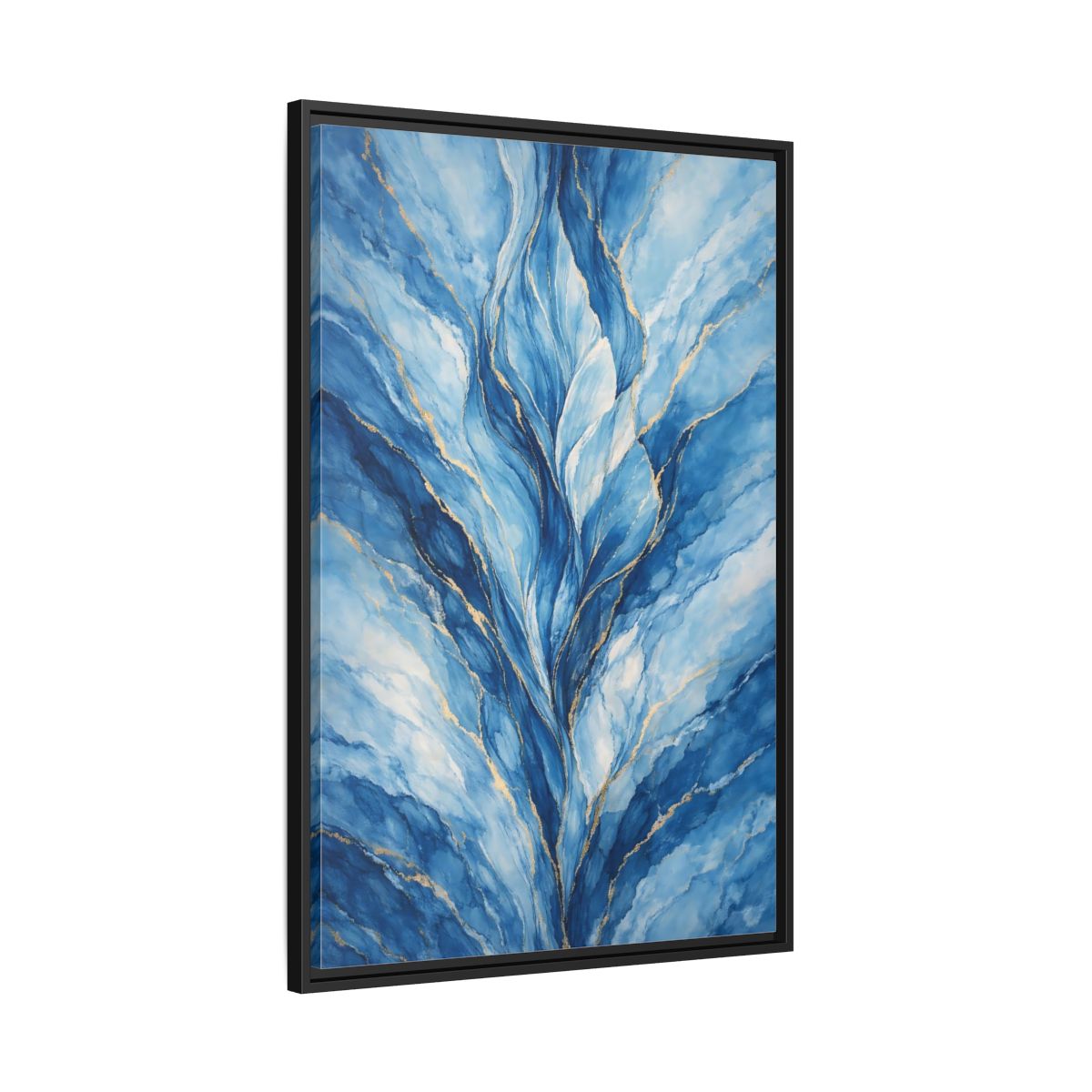 Side Mockup 13. Abstract Abstract Swirls Blue And Gold Abstract shown as stretched canvas wall art