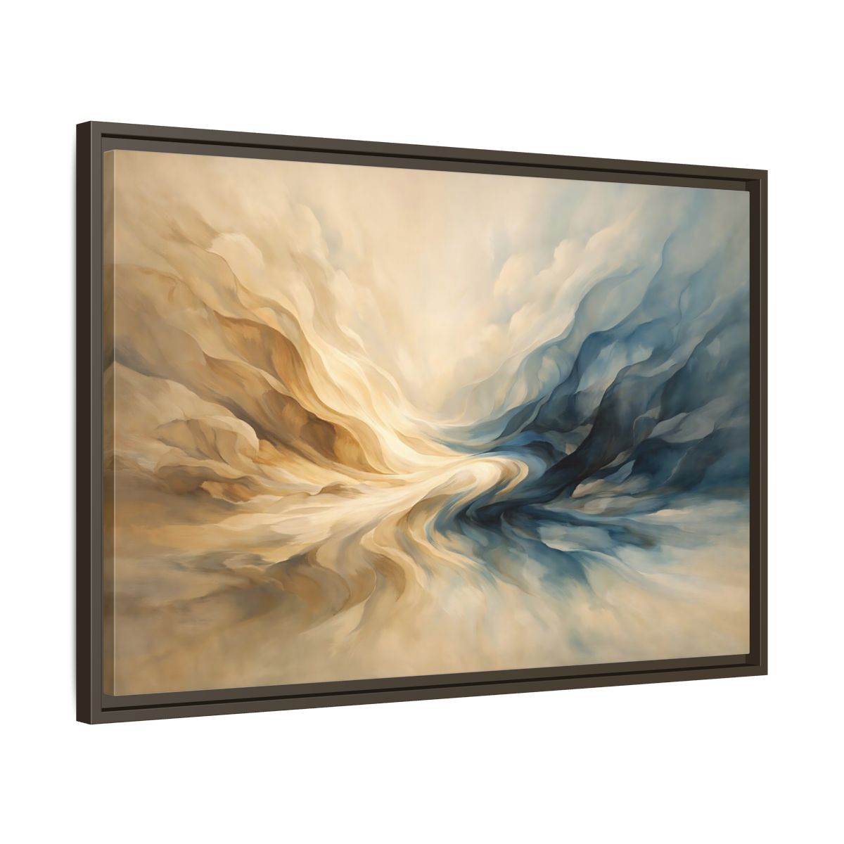Side Mockup 11. Abstract Abstract Swirls Blue And Gold Abstract shown as stretched canvas wall art