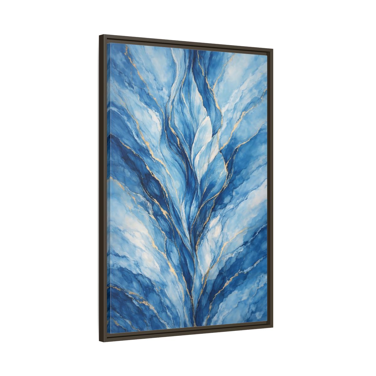 Side Mockup 10. Abstract Abstract Swirls Blue And Gold Abstract shown as stretched canvas wall art