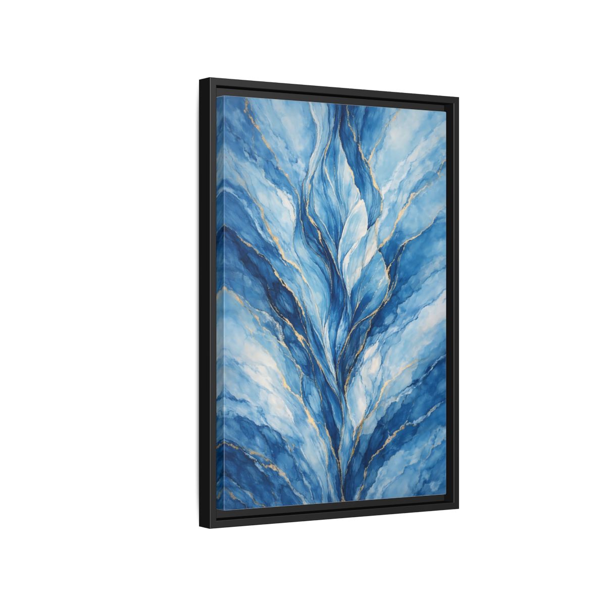 Side Mockup 3. Abstract Abstract Swirls Blue And Gold Abstract shown as stretched canvas wall art