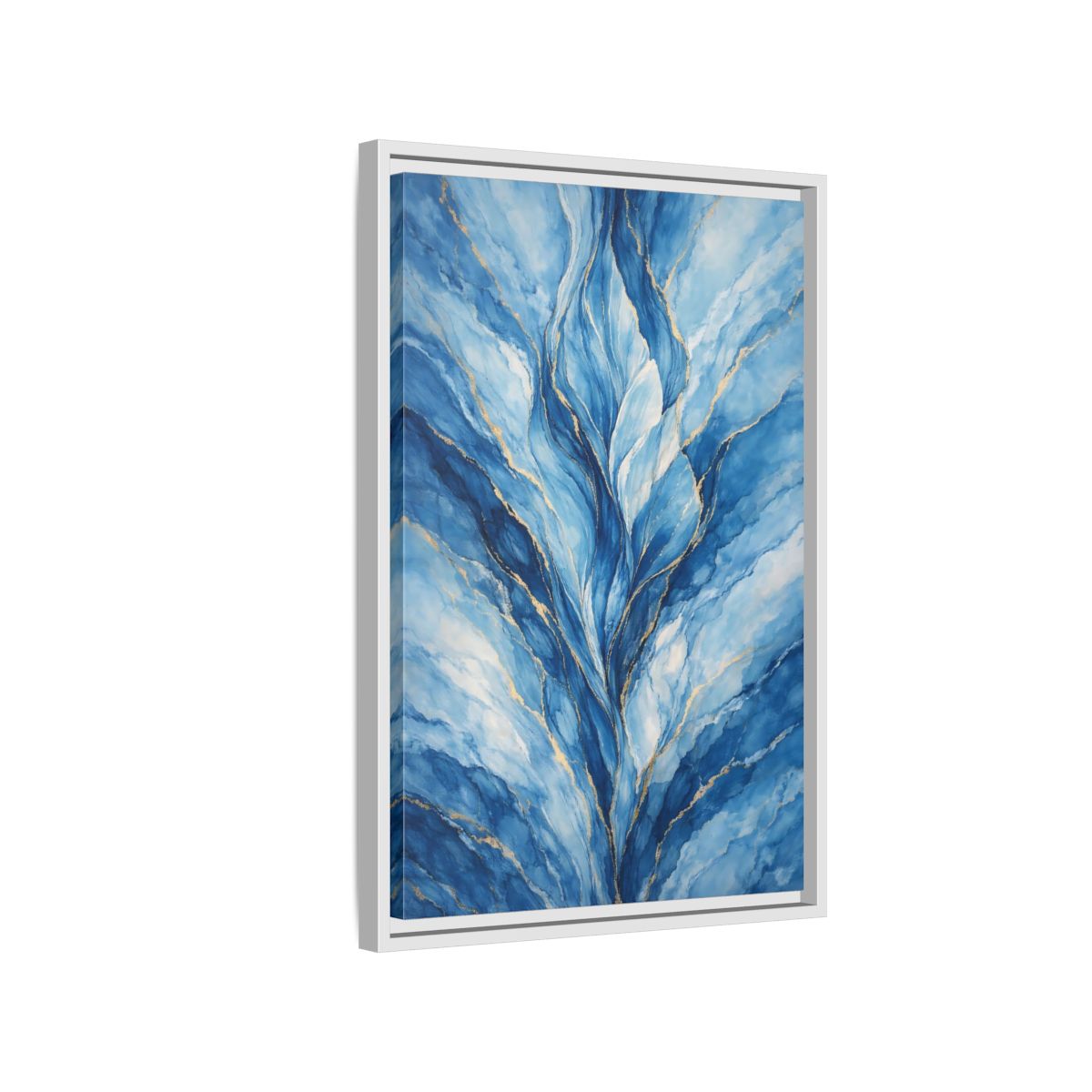 Side Mockup 1. Abstract Abstract Swirls Blue And Gold Abstract shown as stretched canvas wall art