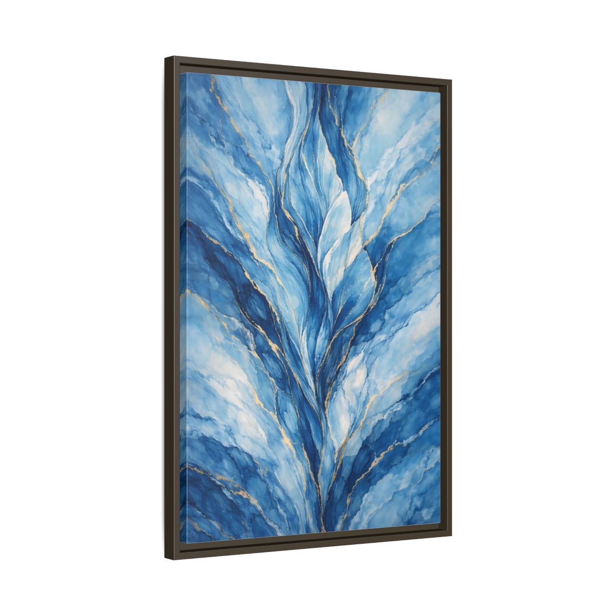 Side Mockup 12. Abstract Abstract Swirls Blue And Gold Abstract shown as stretched canvas wall art