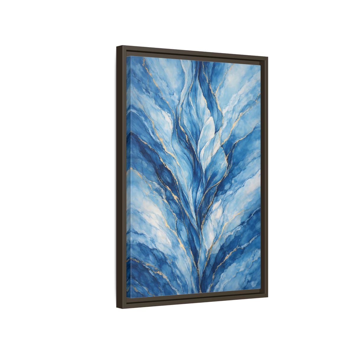 Side Mockup 2. Abstract Abstract Swirls Blue And Gold Abstract shown as stretched canvas wall art
