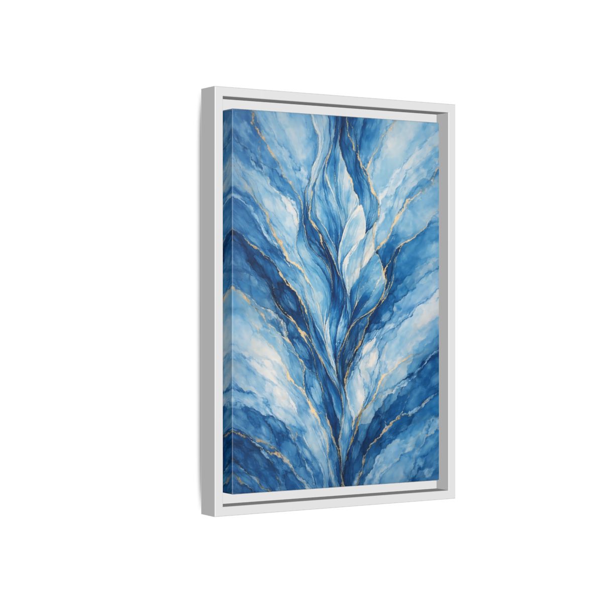 Side Mockup 4. Abstract Abstract Swirls Blue And Gold Abstract shown as stretched canvas wall art
