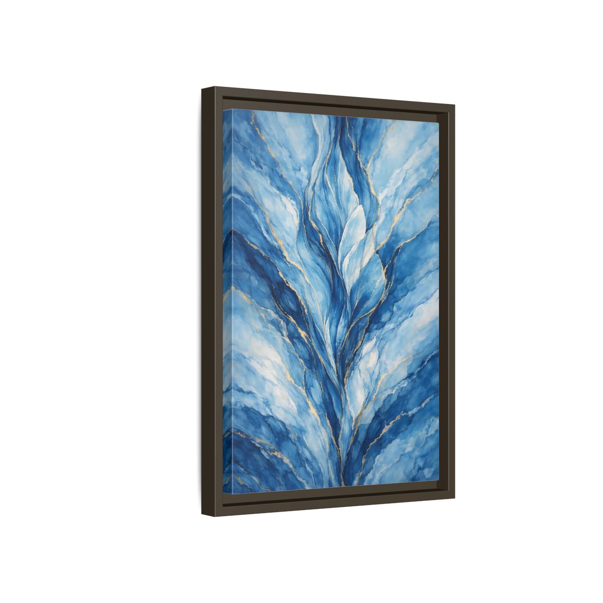 Side Mockup 5. Abstract Abstract Swirls Blue And Gold Abstract shown as stretched canvas wall art