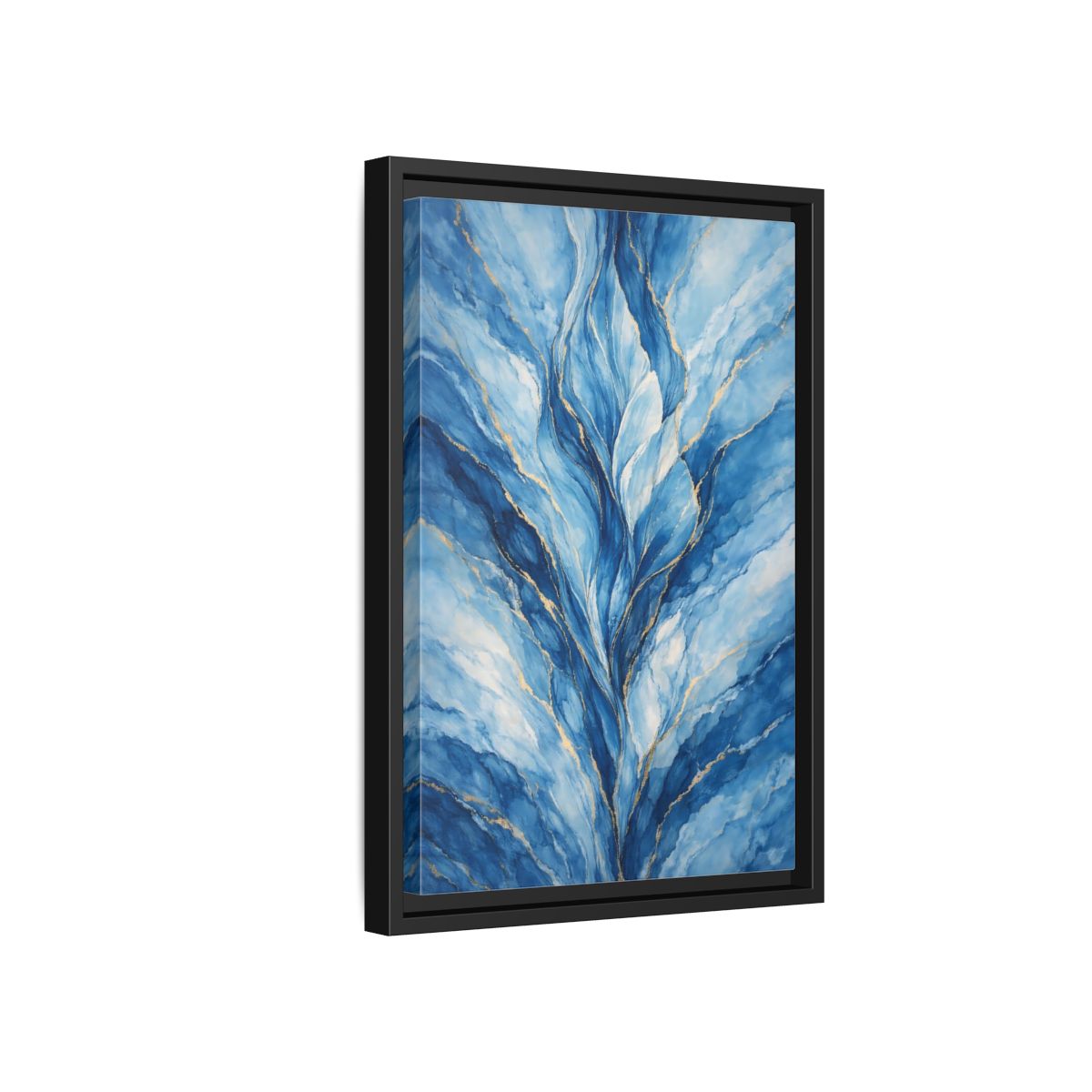 Side Mockup 6. Abstract Abstract Swirls Blue And Gold Abstract shown as stretched canvas wall art
