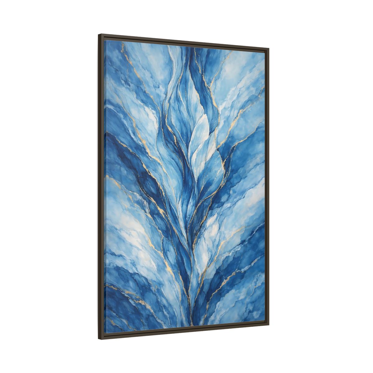 Side Mockup 8. Abstract Abstract Swirls Blue And Gold Abstract shown as stretched canvas wall art