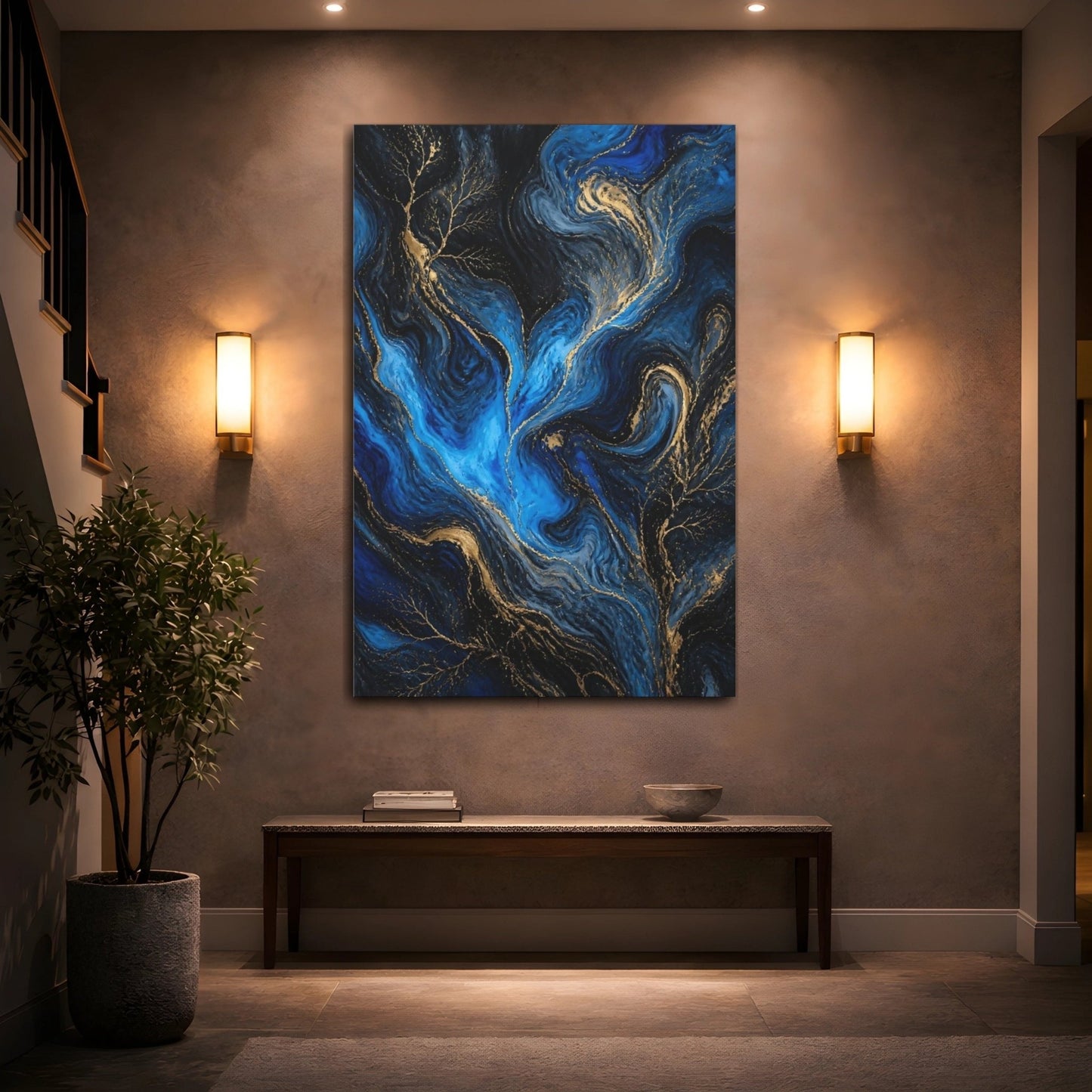 Abstract Swirls Blue Gold Canvas Print – Living Room, Above Couch - YesArtYes