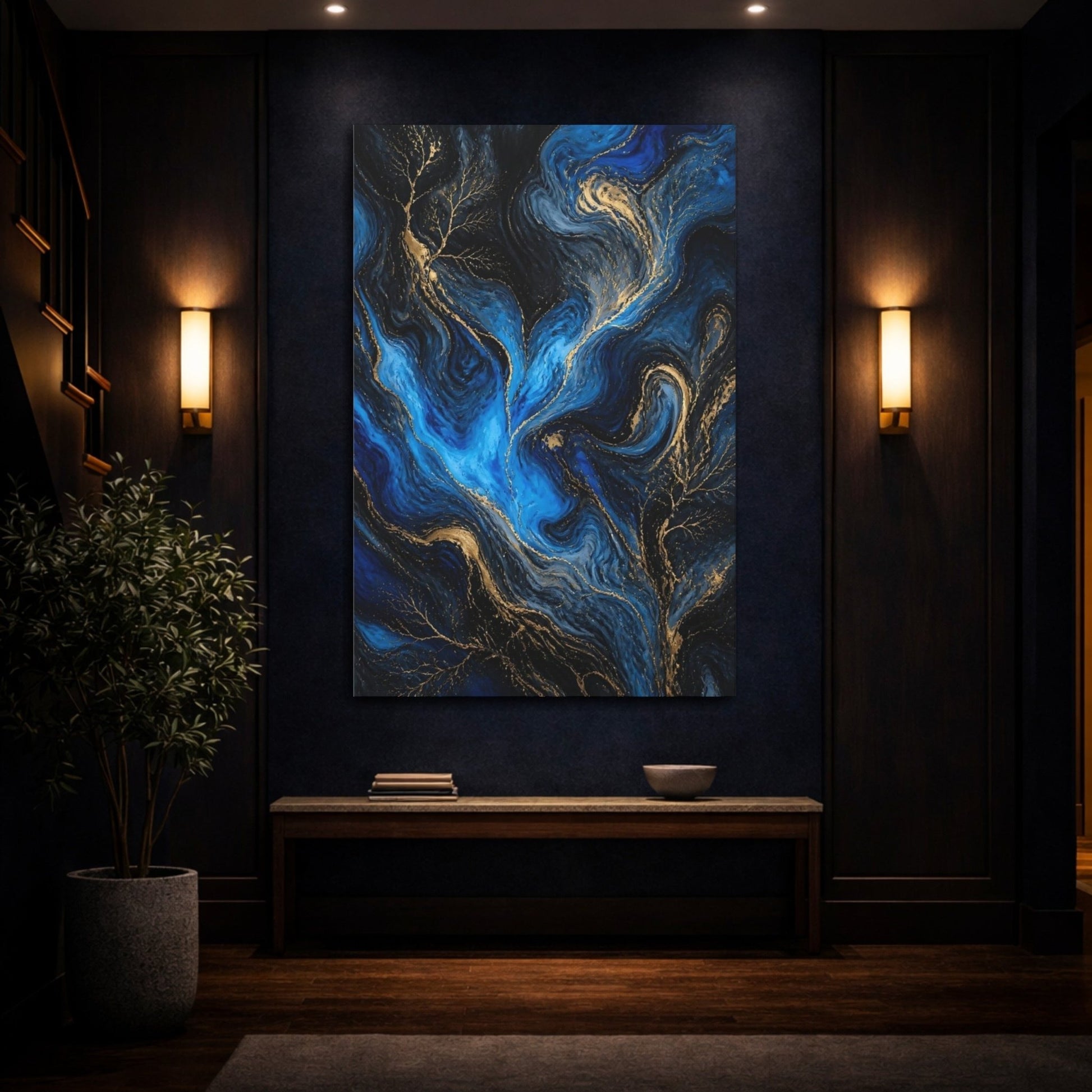 Abstract Swirls Blue Gold Canvas Print – Living Room, Above Couch - YesArtYes