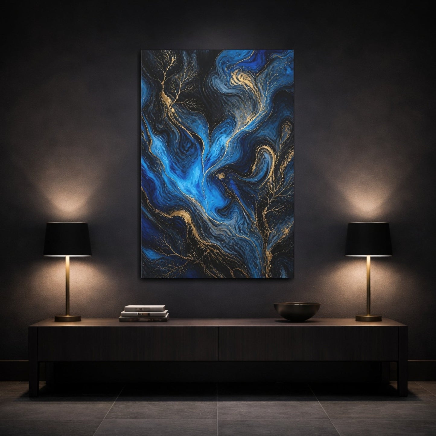 Abstract Swirls Blue Gold Canvas Print – Living Room, Above Couch - YesArtYes