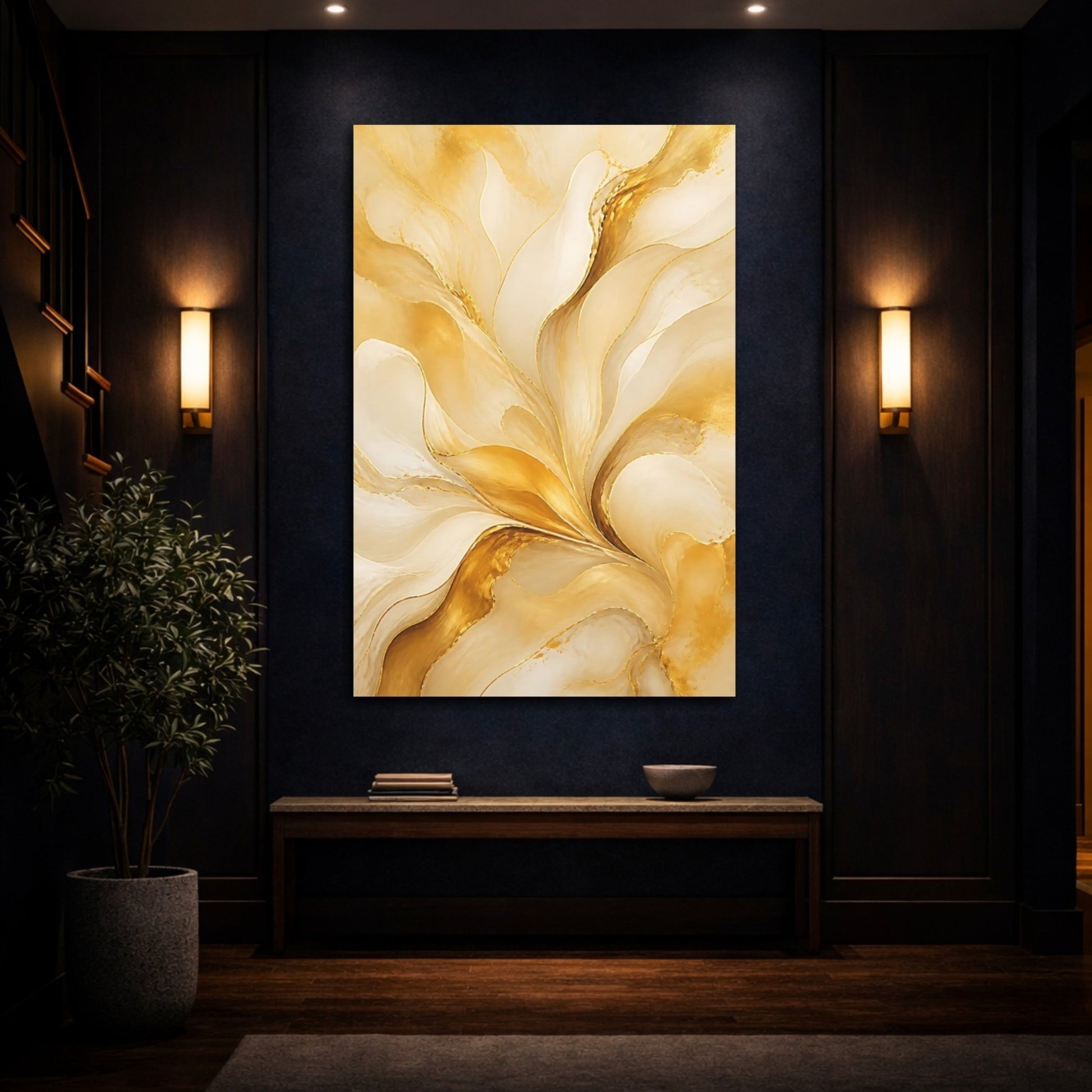 Abstract Swirls Gold And Cream Canvas Wall Art Print – Living Room Decor, Above Console Table - YesArtYes
