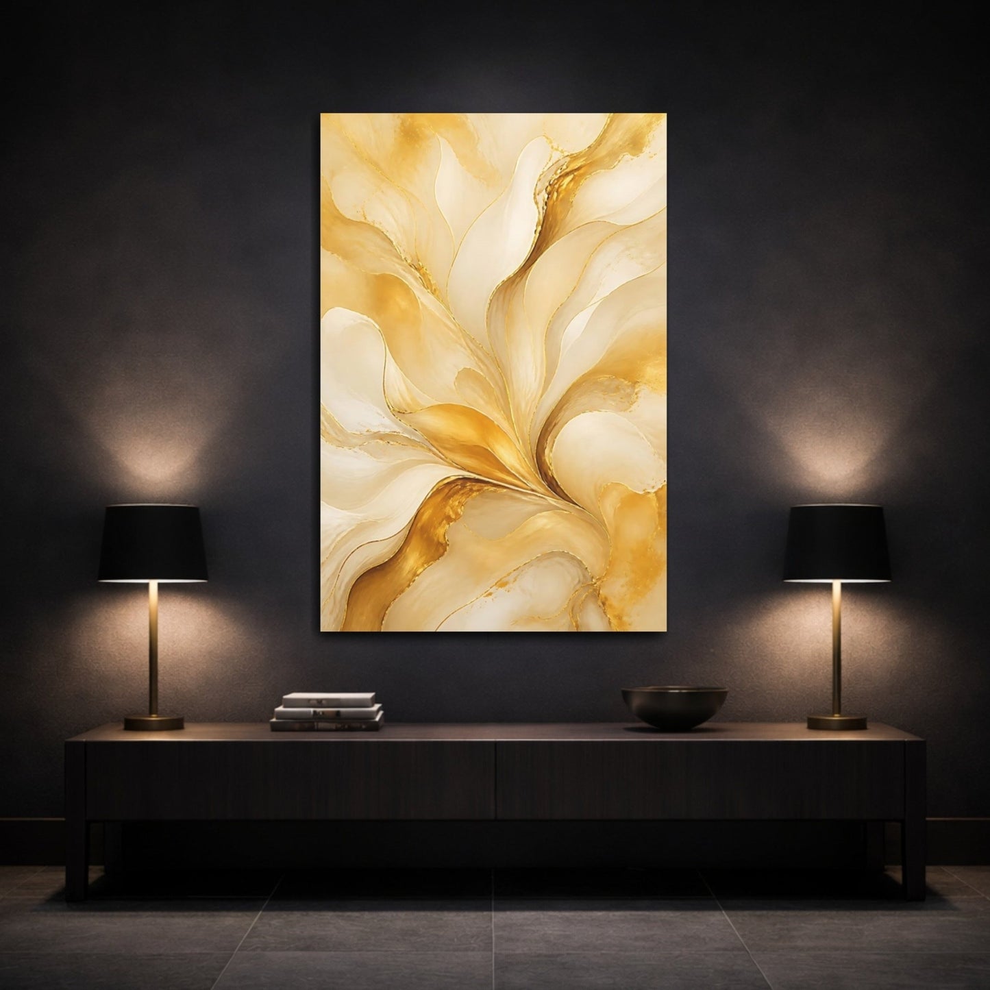 Abstract Swirls Gold And Cream Canvas Wall Art Print – Living Room Decor, Above Console Table - YesArtYes
