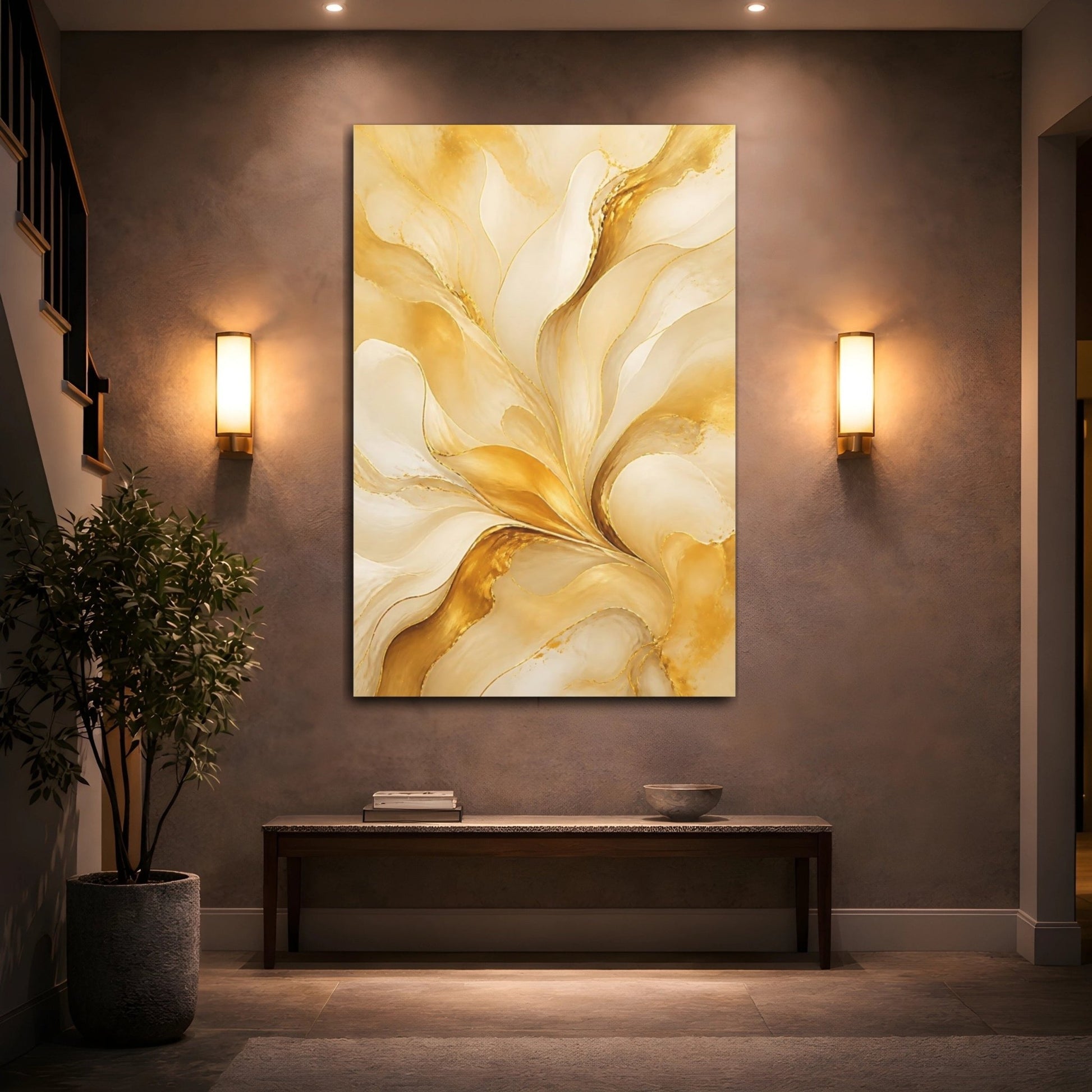 Abstract Swirls Gold And Cream Canvas Wall Art Print – Living Room Decor, Above Console Table - YesArtYes
