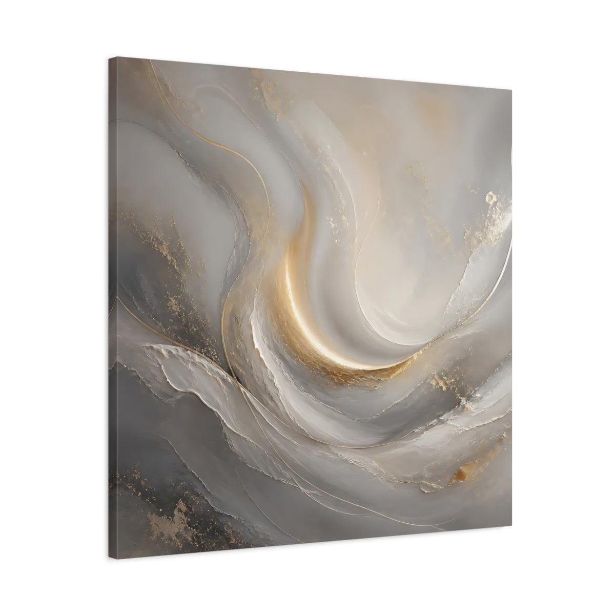 Side Mockup 3. Abstract Abstract Swirls Gray And Gold shown as stretched canvas wall art