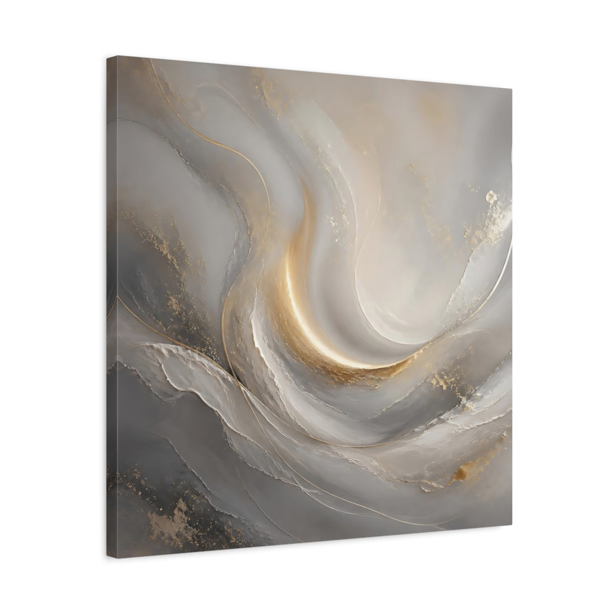 Side Mockup 4. Abstract Abstract Swirls Gray And Gold shown as stretched canvas wall art
