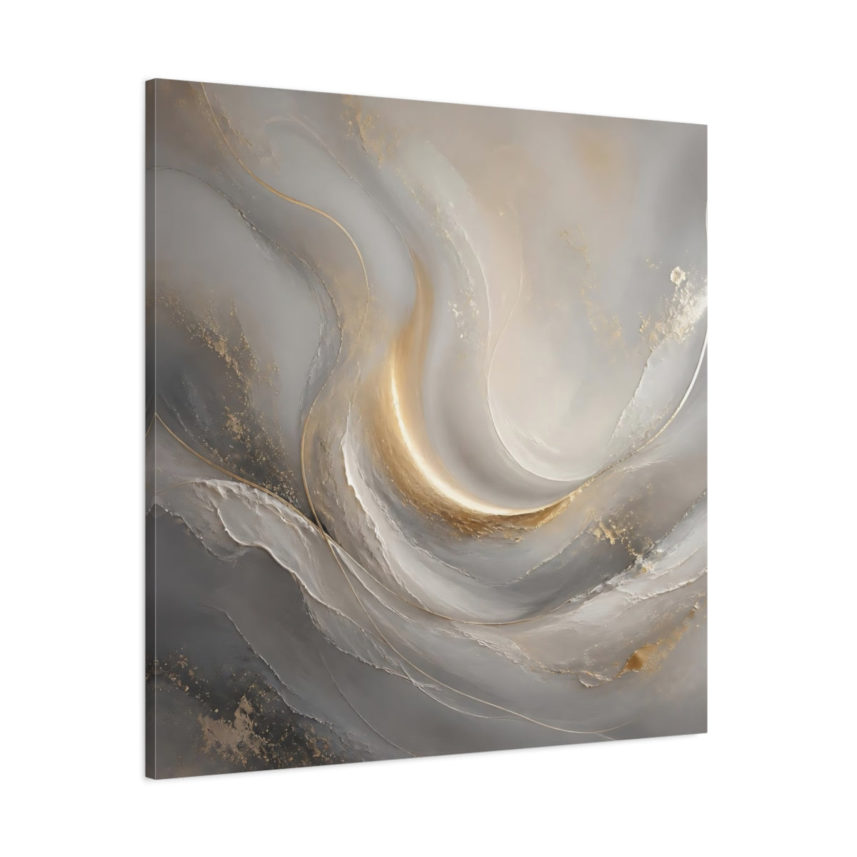 Side Mockup 1. Abstract Abstract Swirls Gray And Gold shown as stretched canvas wall art