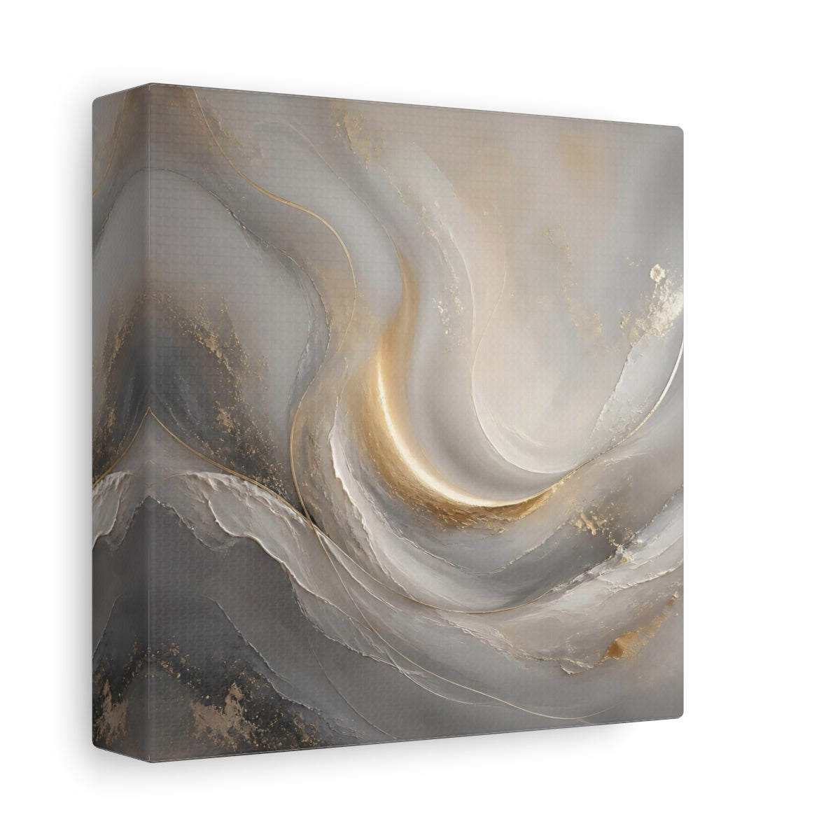 Side Mockup 2. Abstract Abstract Swirls Gray And Gold shown as stretched canvas wall art