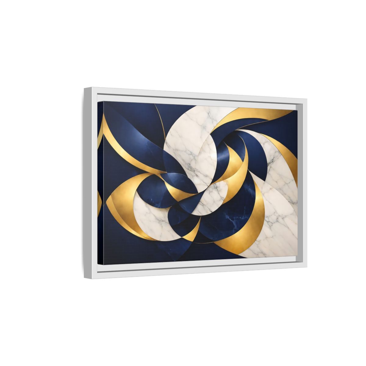 Side Mockup 4. Abstract Abstract Swirls Navy Gold Abstract shown as stretched canvas wall art