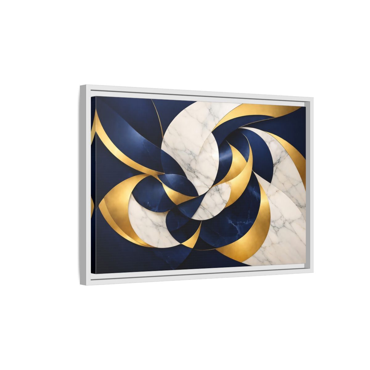 Side Mockup 1. Abstract Abstract Swirls Navy Gold Abstract shown as stretched canvas wall art