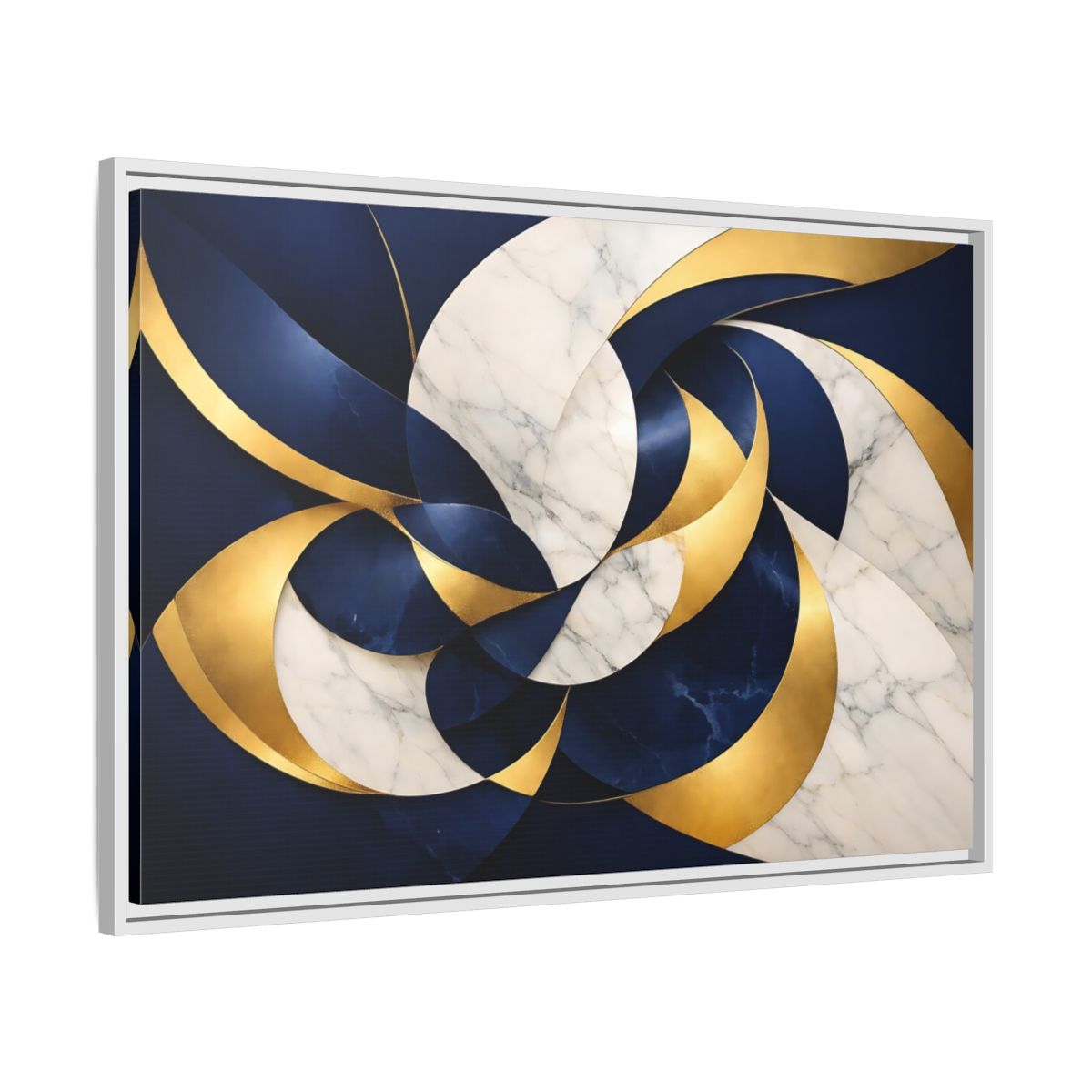 Side Mockup 8. Abstract Abstract Swirls Navy Gold Abstract shown as stretched canvas wall art