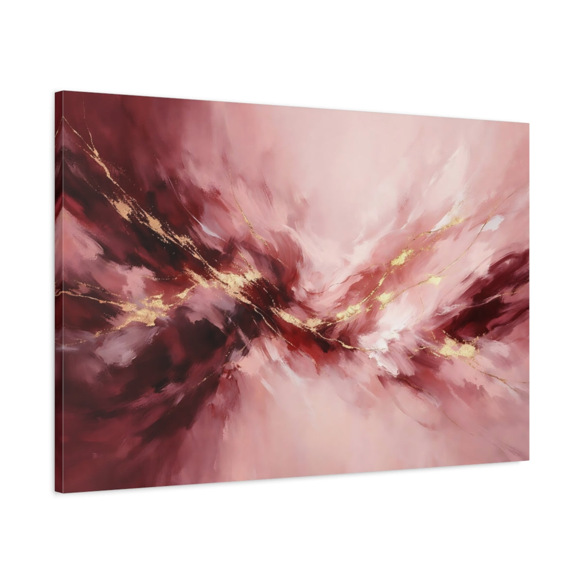 Side Mockup 1. Abstract Abstract Swirls Pink Gold Abstract shown as stretched canvas wall art