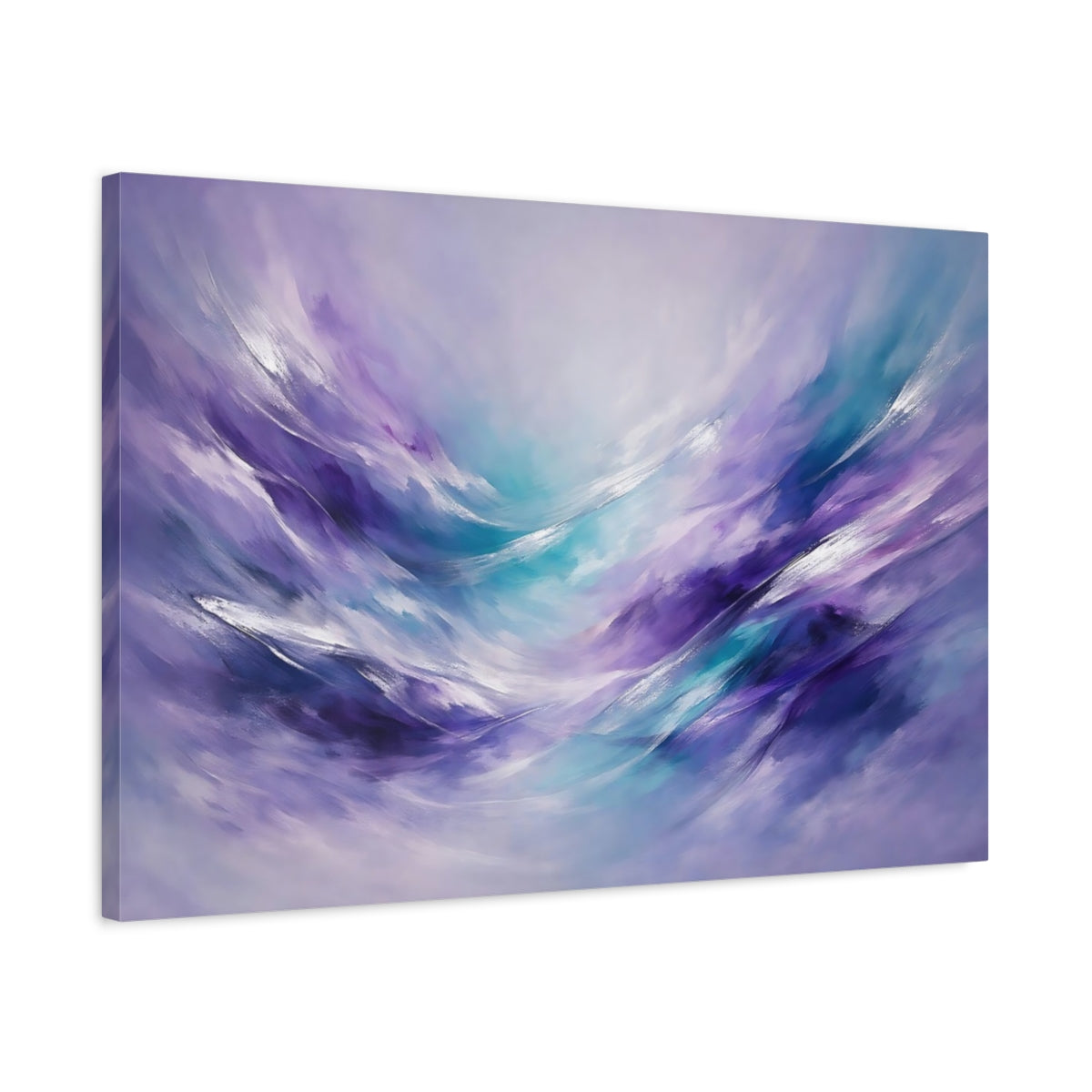 Side Mockup 2. Abstract Abstract Swirls Purple And Teal shown as stretched canvas wall art