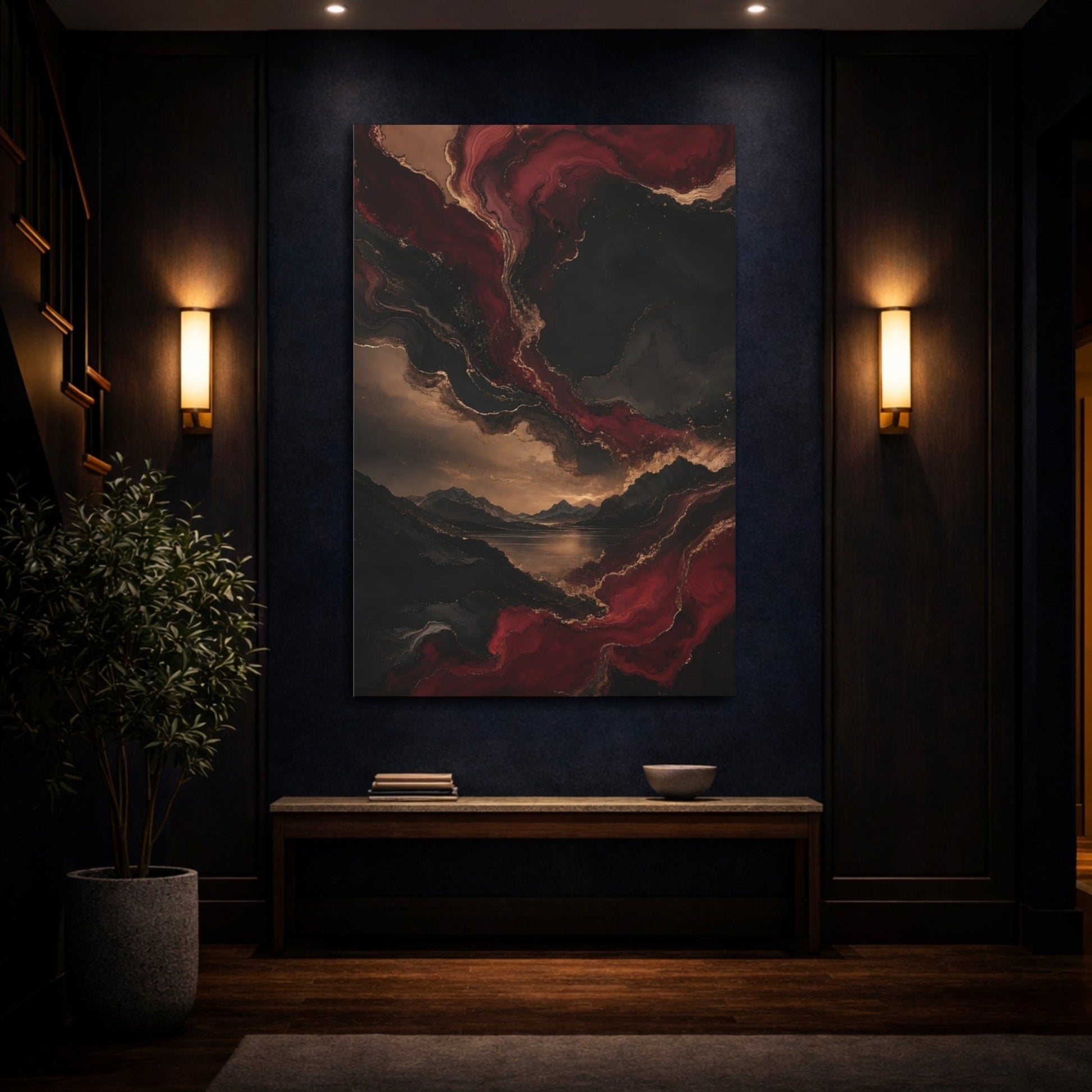 Abstract Swirls Red Black Gold Canvas Print – Living Room, Above Sofa - YesArtYes