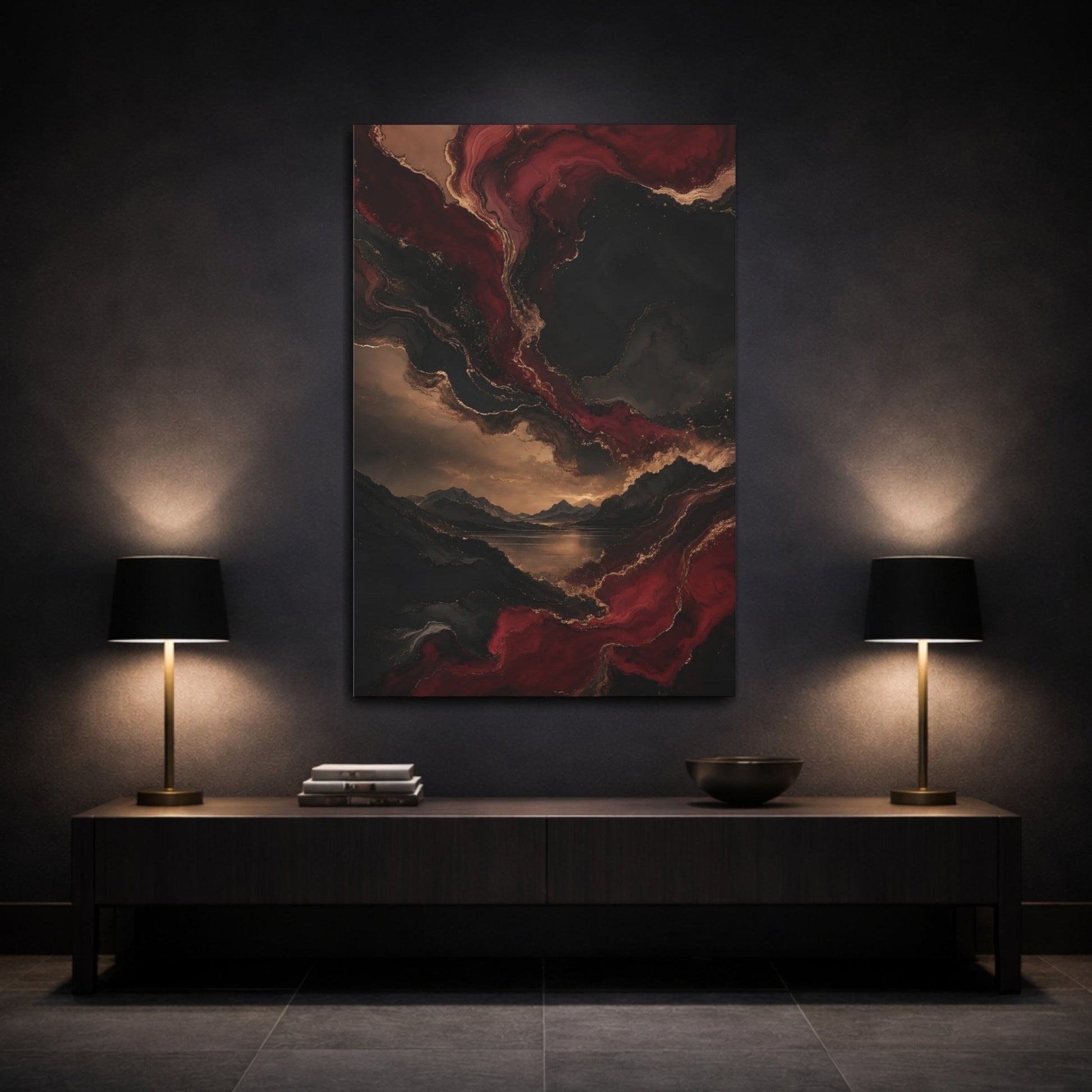 Abstract Swirls Red Black Gold Canvas Print – Living Room, Above Sofa - YesArtYes