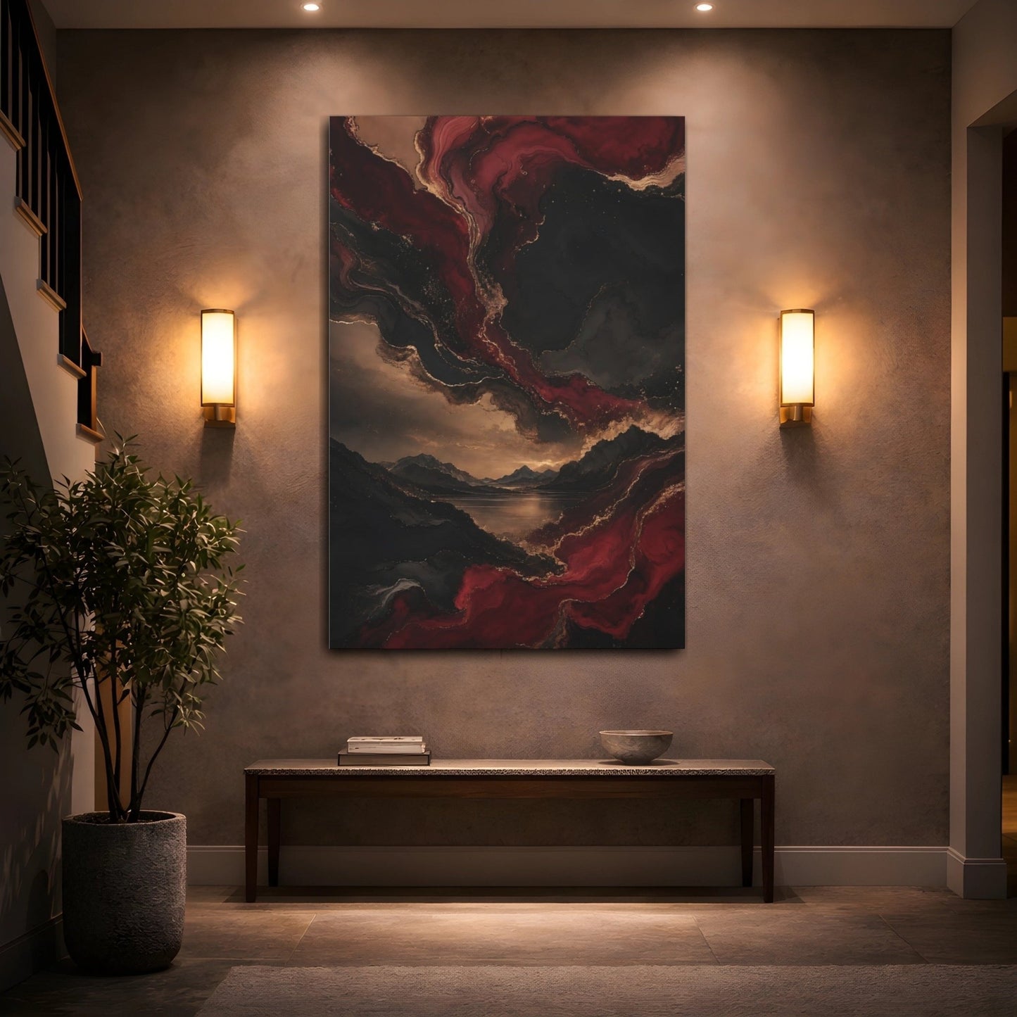 Abstract Swirls Red Black Gold Canvas Print – Living Room, Above Sofa - YesArtYes