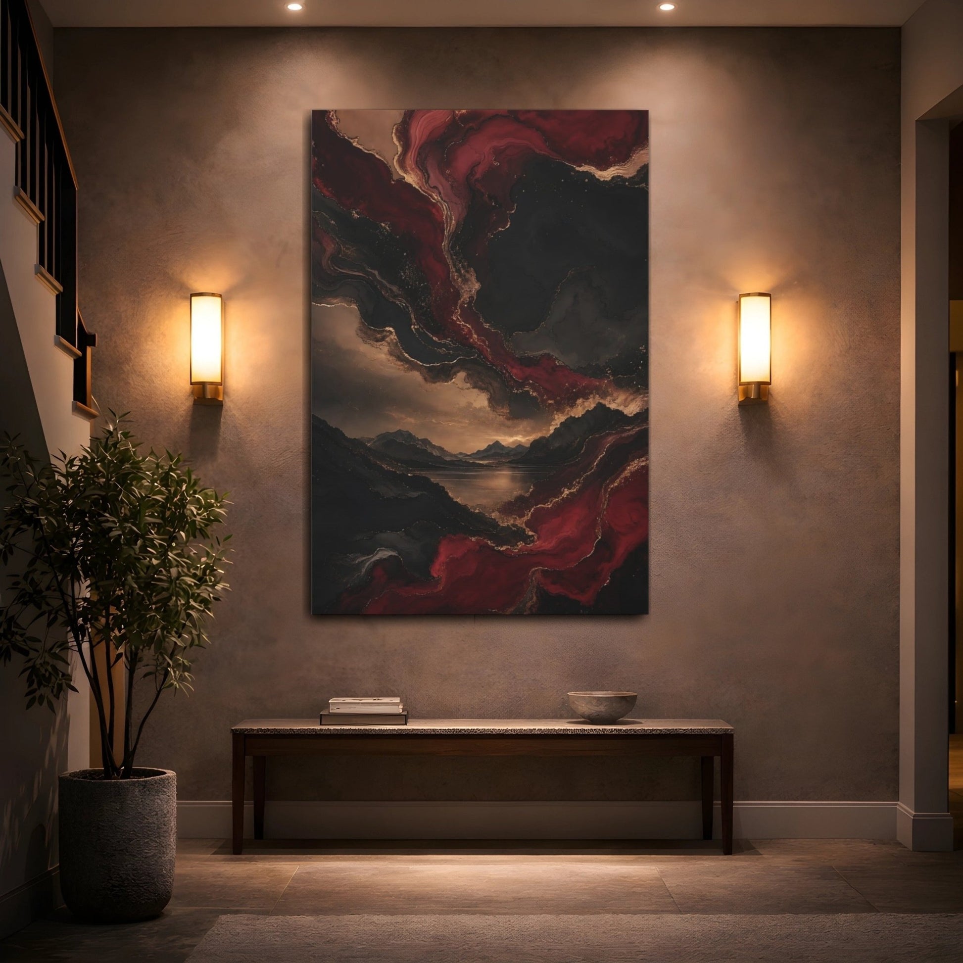 Abstract Swirls Red Black Gold Canvas Print – Living Room, Above Sofa - YesArtYes